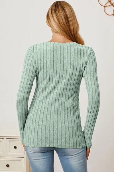 Full Size Ribbed V-Neck Long Sleeve T-Shirt