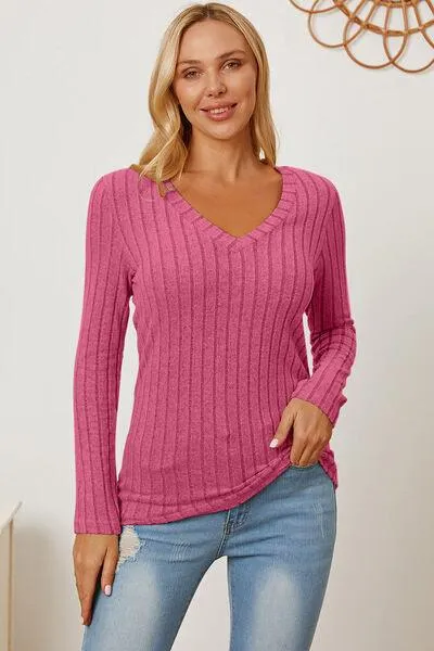 Full Size Ribbed V-Neck Long Sleeve T-Shirt