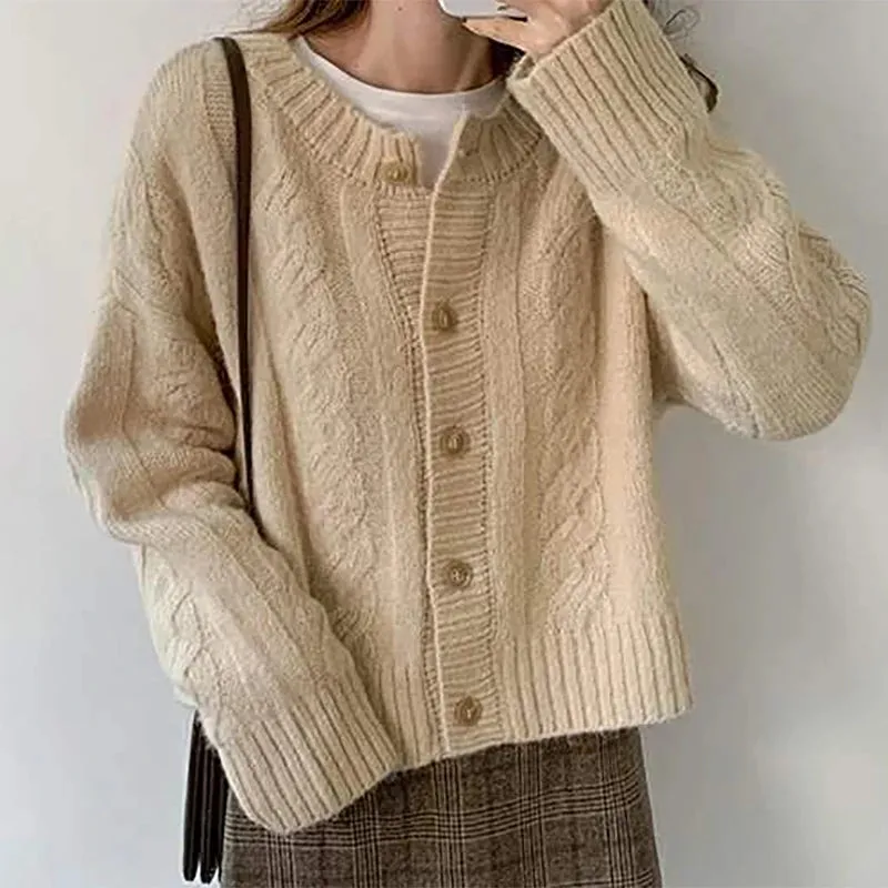 Getadme Autumn Winter Women Loose Buttons Up Knit Warm Cardigan Sweater Coat Solid Short Coat Long Sleeve Women Casual Sweater