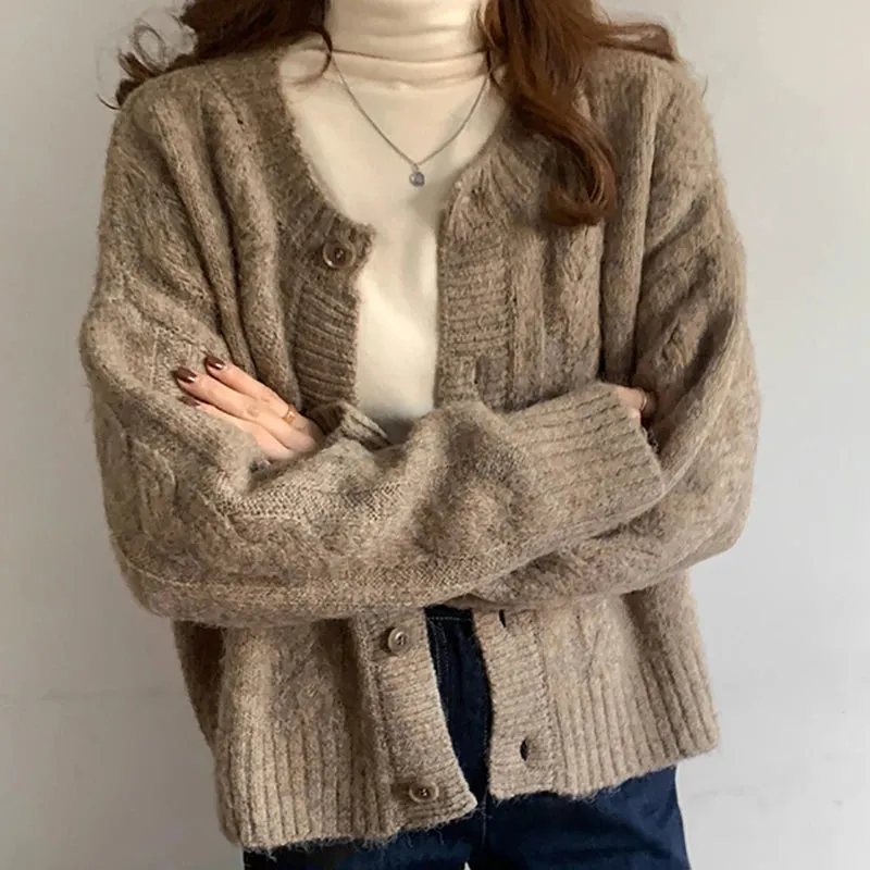 Getadme Autumn Winter Women Loose Buttons Up Knit Warm Cardigan Sweater Coat Solid Short Coat Long Sleeve Women Casual Sweater