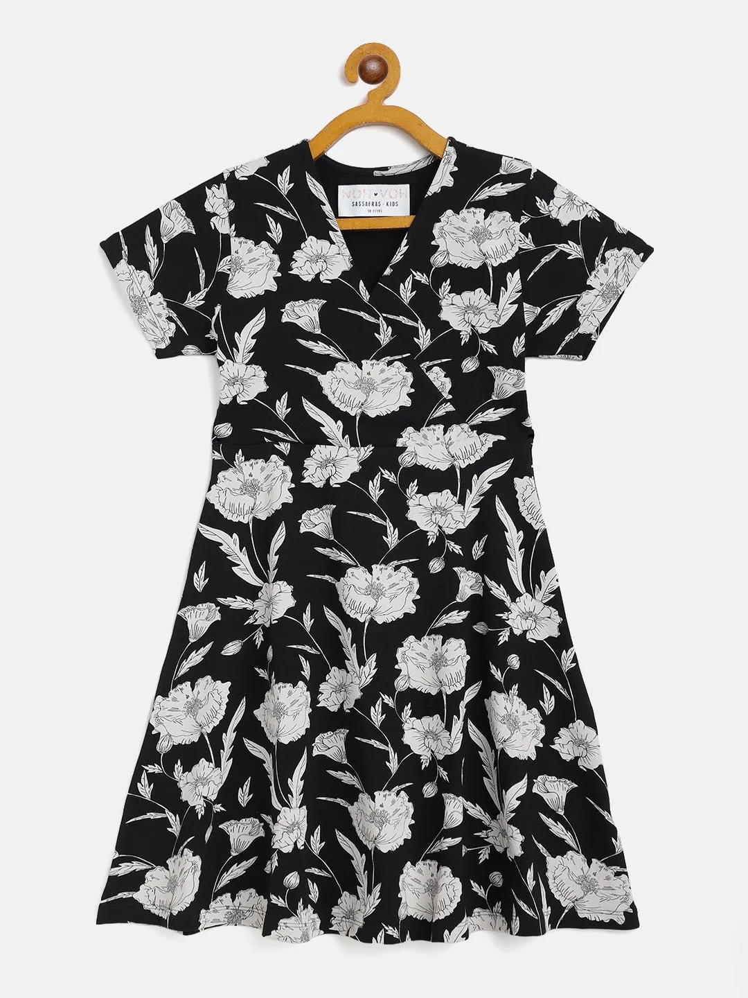 Girls Black Floral Wrap Dress