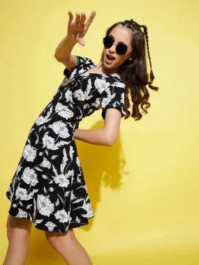 Girls Black Floral Wrap Dress