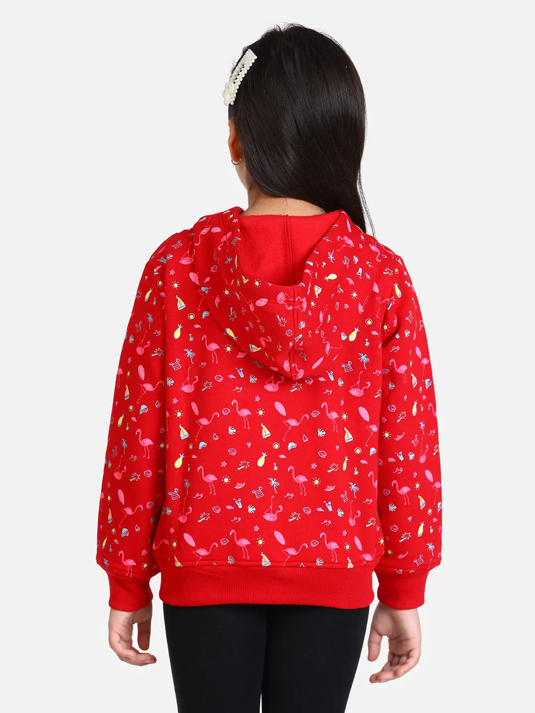 Girl's  Red Flamingo Printed Jacket With Hoodie - StyleStone Kid