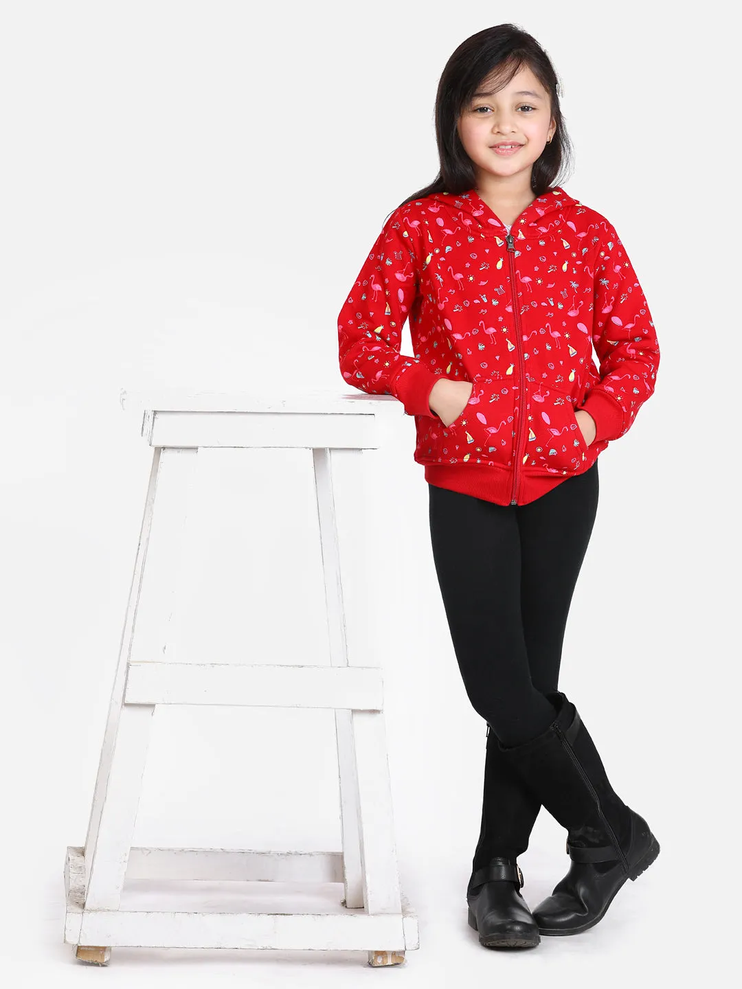 Girl's  Red Flamingo Printed Jacket With Hoodie - StyleStone Kid