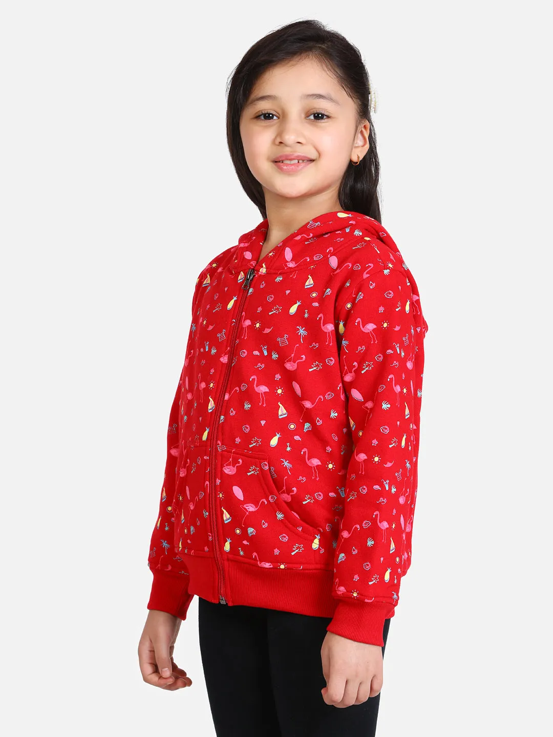 Girl's  Red Flamingo Printed Jacket With Hoodie - StyleStone Kid