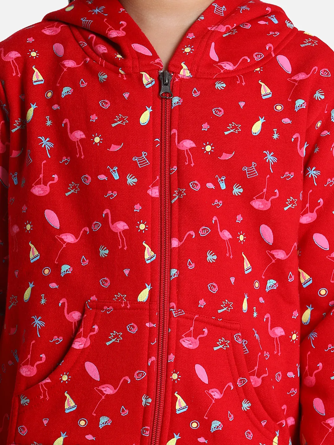 Girl's  Red Flamingo Printed Jacket With Hoodie - StyleStone Kid