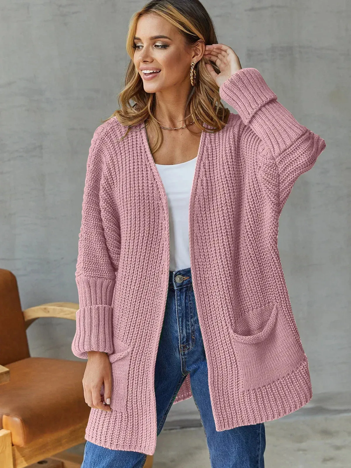 Green Cardigan Knit Women Spring Autumn Winter Sweater Heart Pocket Loose Maxi Coat