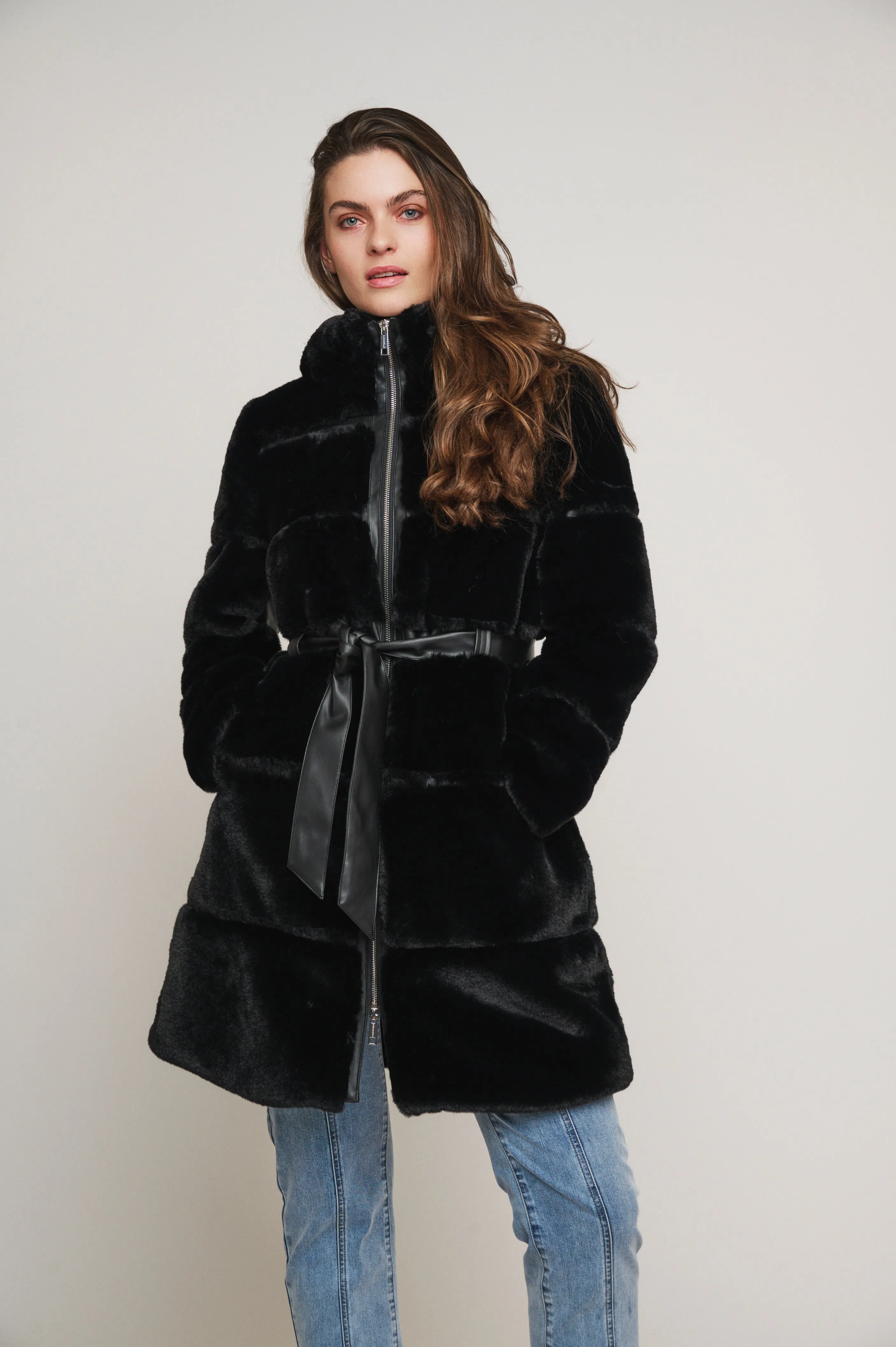 Harvard faux fur coat with hood and faux leather details