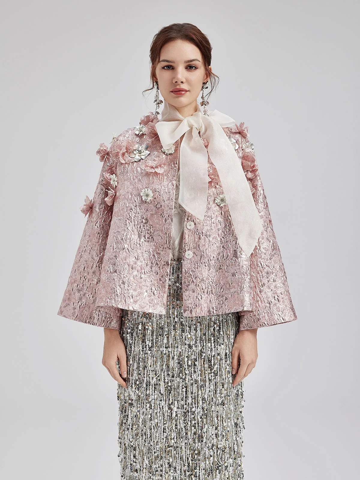 Haute Couture Gold Jacquard Satin Cape Coat