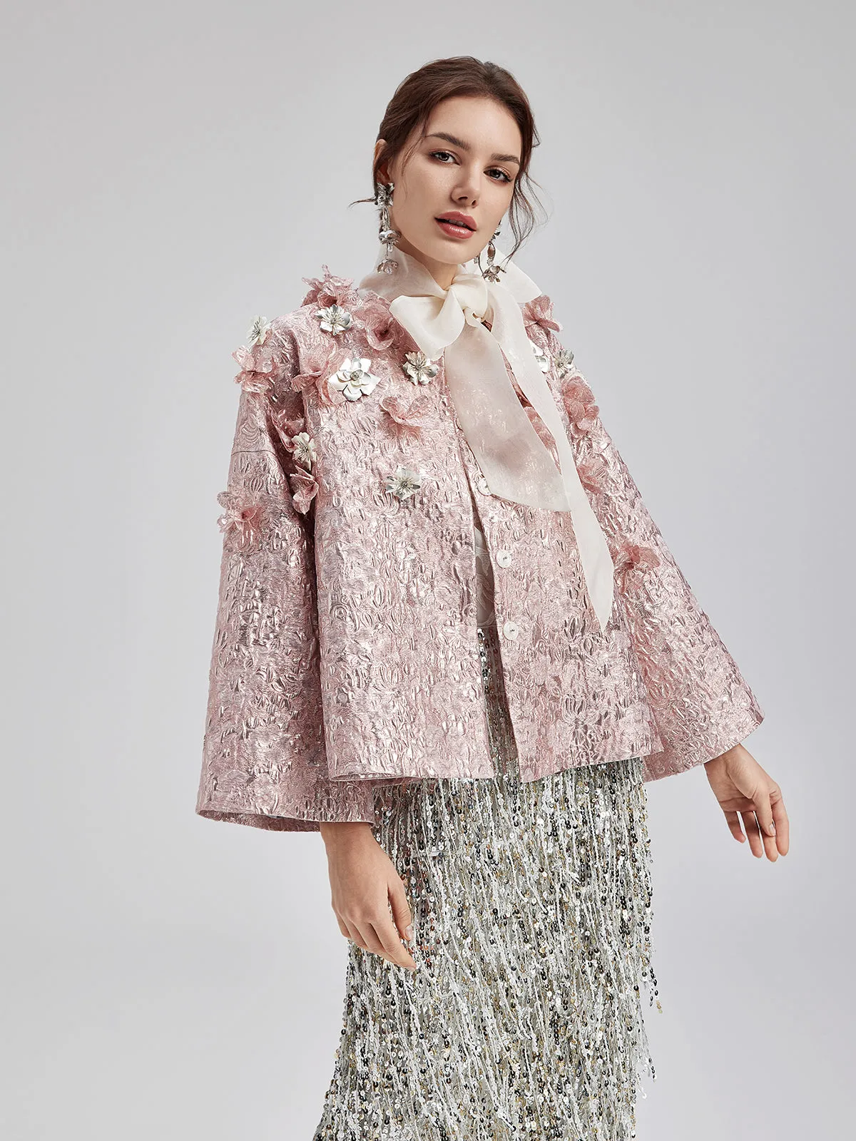 Haute Couture Gold Jacquard Satin Cape Coat