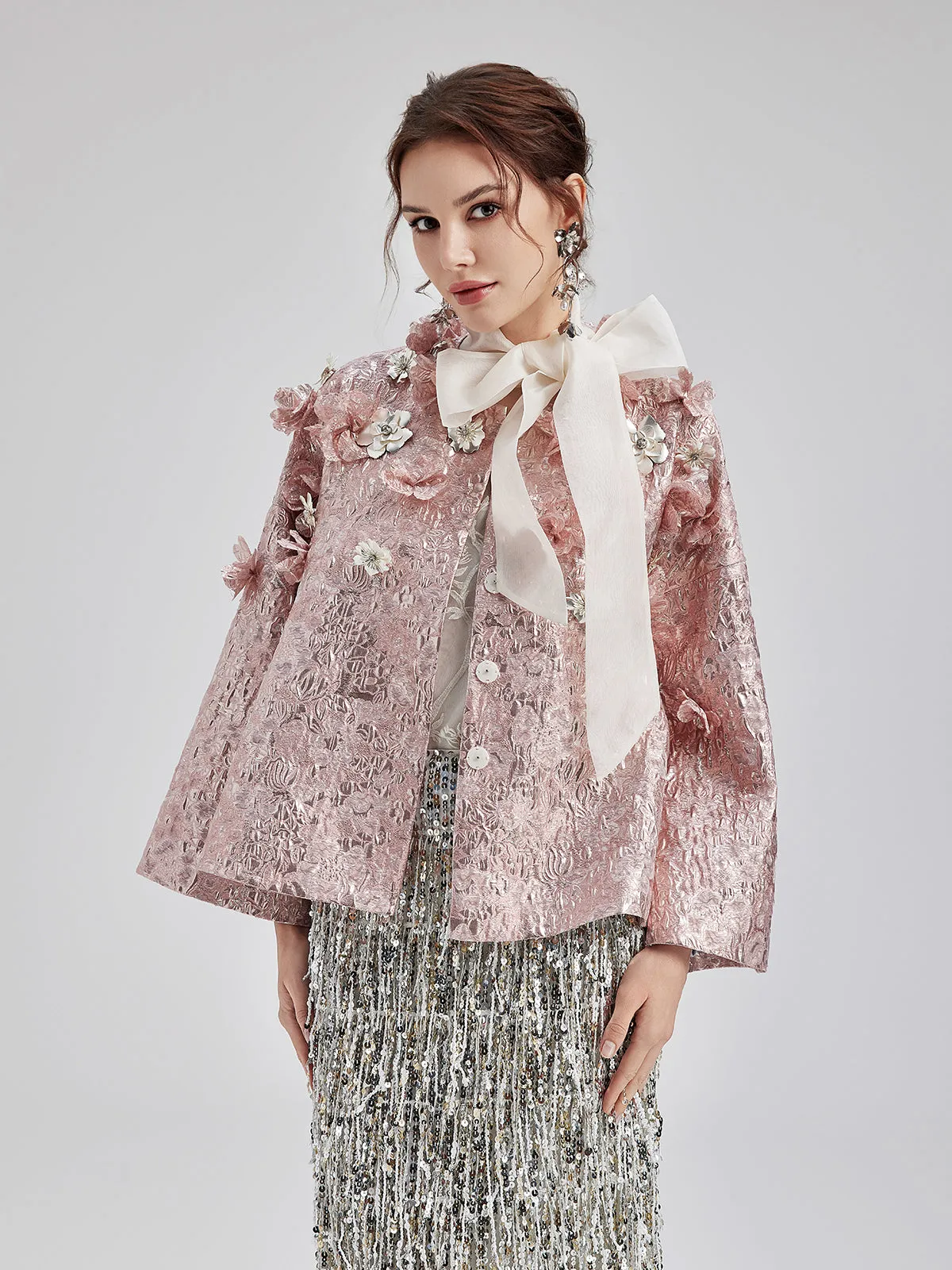 Haute Couture Gold Jacquard Satin Cape Coat