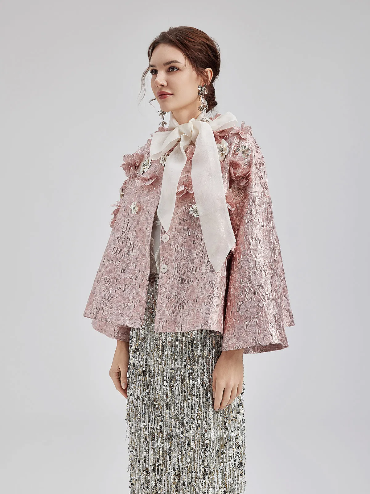 Haute Couture Gold Jacquard Satin Cape Coat