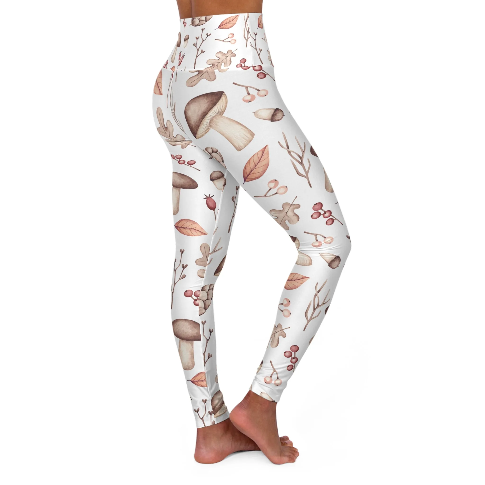 High Waisted Yoga Leggings, Mushroom and Acorn