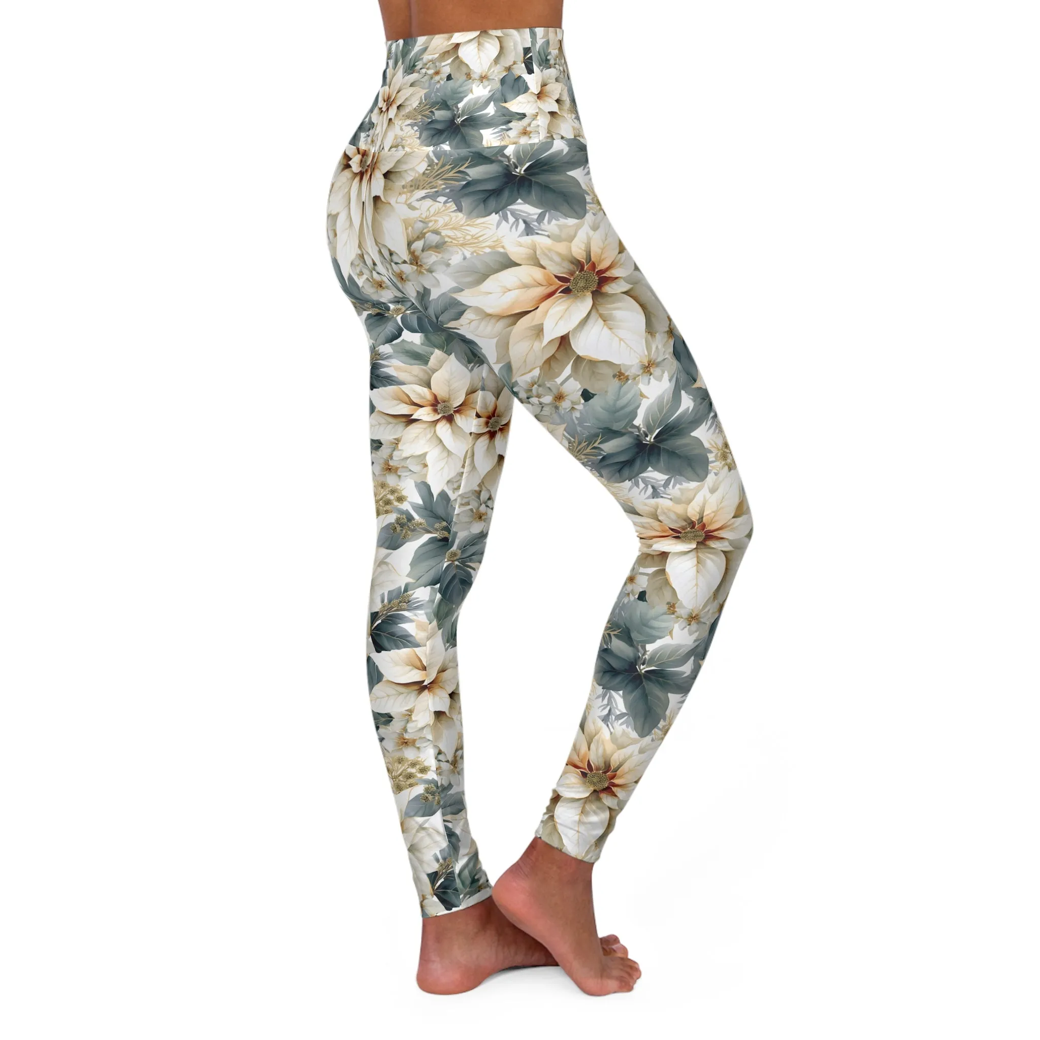 High Waisted Yoga Leggings White Poinsettia Lge Flower