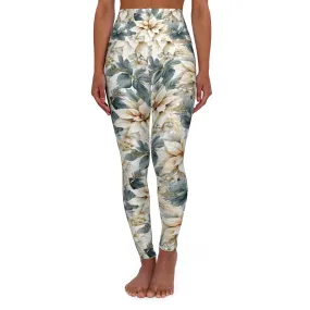 High Waisted Yoga Leggings White Poinsettia Lge Flower