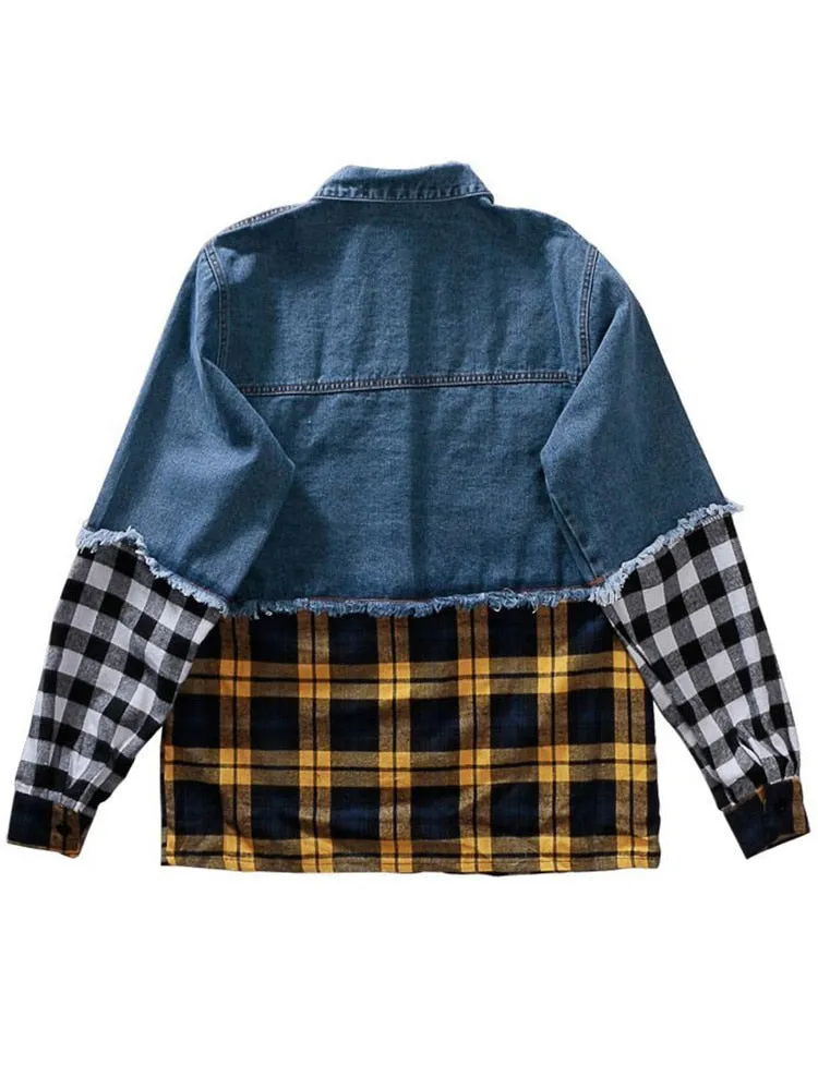 Hit Color Plaid Jackets For Women Lapel Long Sleeve Spliced Single Breasted Patchwork Denim Autumn Jacket Female