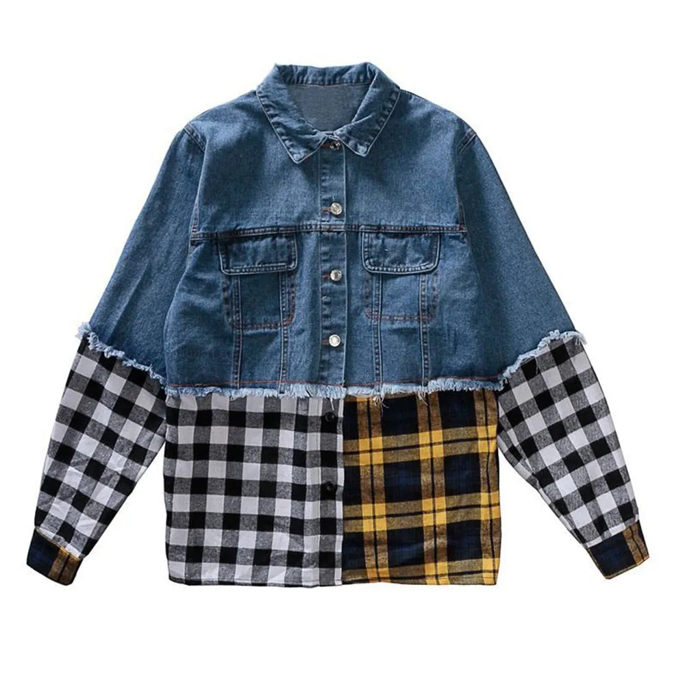 Hit Color Plaid Jackets For Women Lapel Long Sleeve Spliced Single Breasted Patchwork Denim Autumn Jacket Female