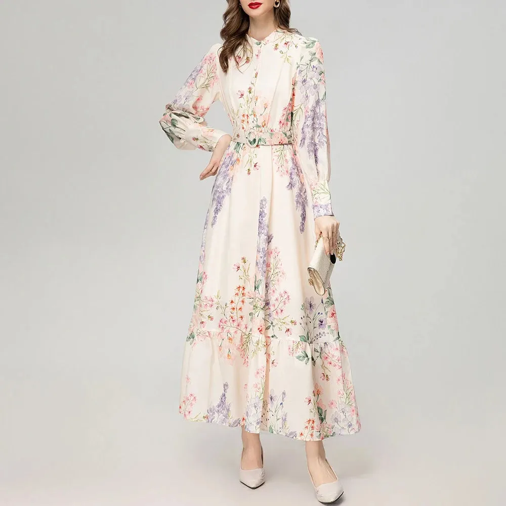 Hit Color Print Elegant A Line Dresses For Women Stand Collar Long Sleeve High Waist Spliced Belt Temperament Dress Female