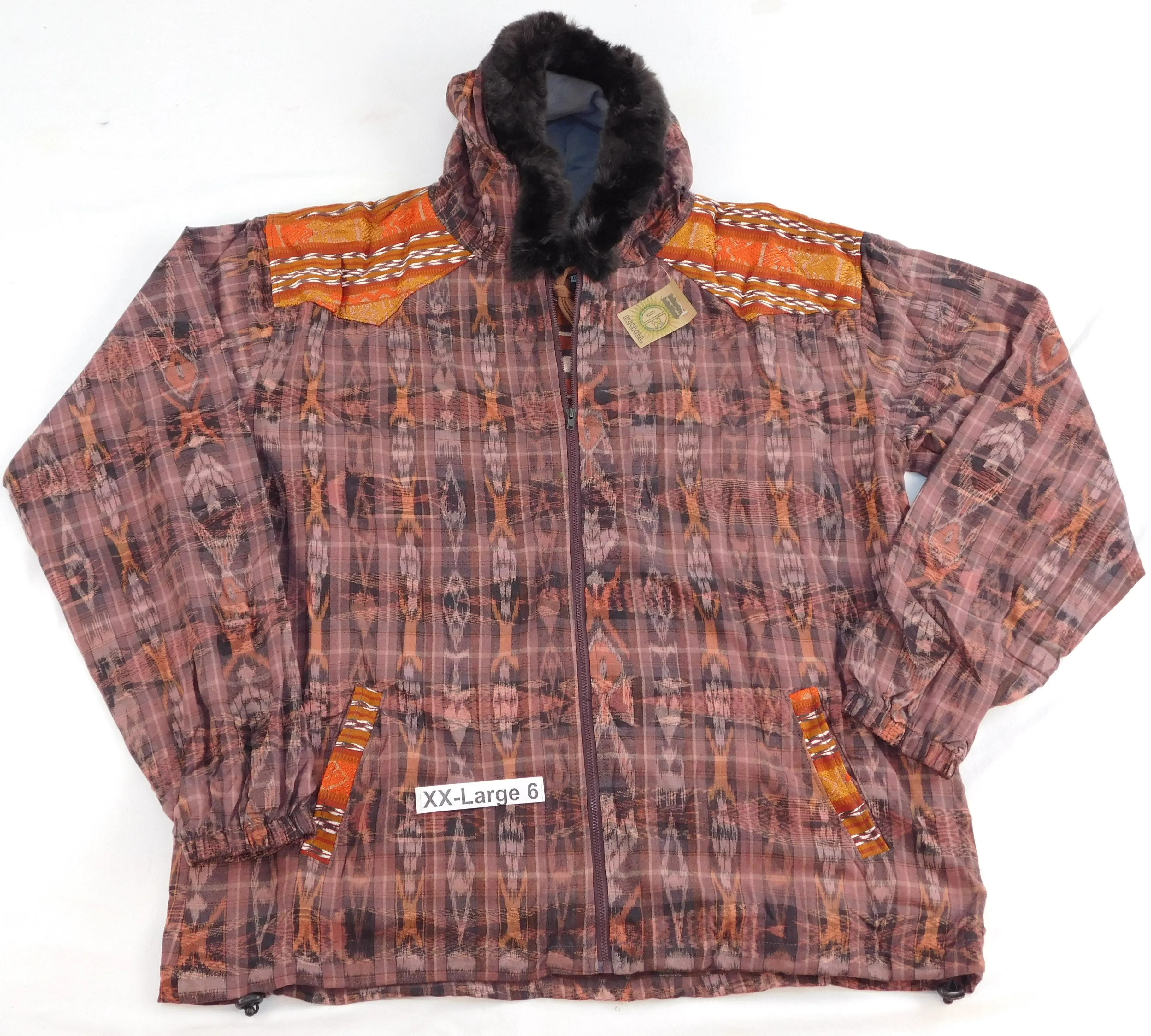 Hooded  jacket in native Ikat and brocade fleece lined with fur hood