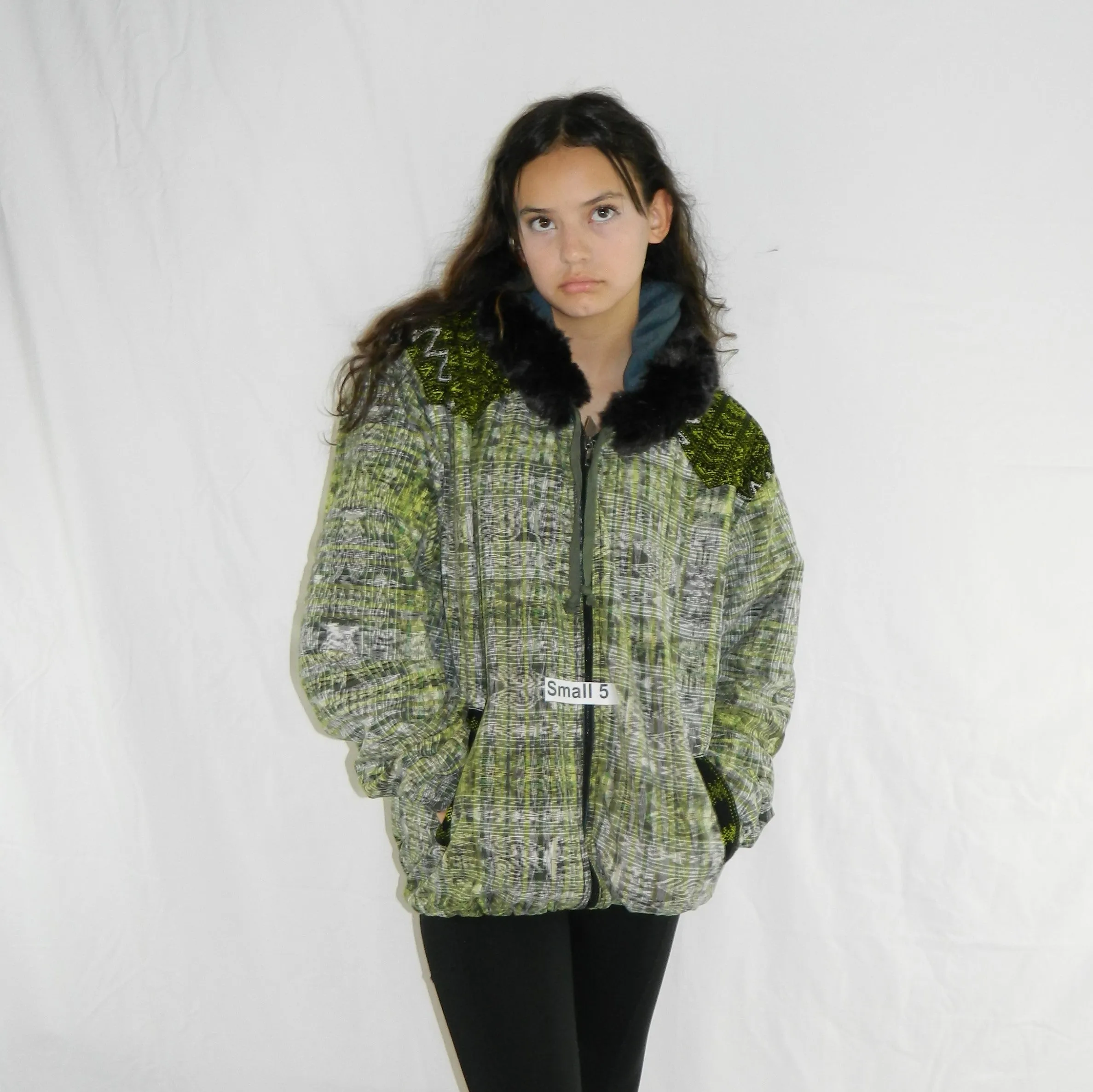 Hooded  jacket in native Ikat and brocade fleece lined with fur hood