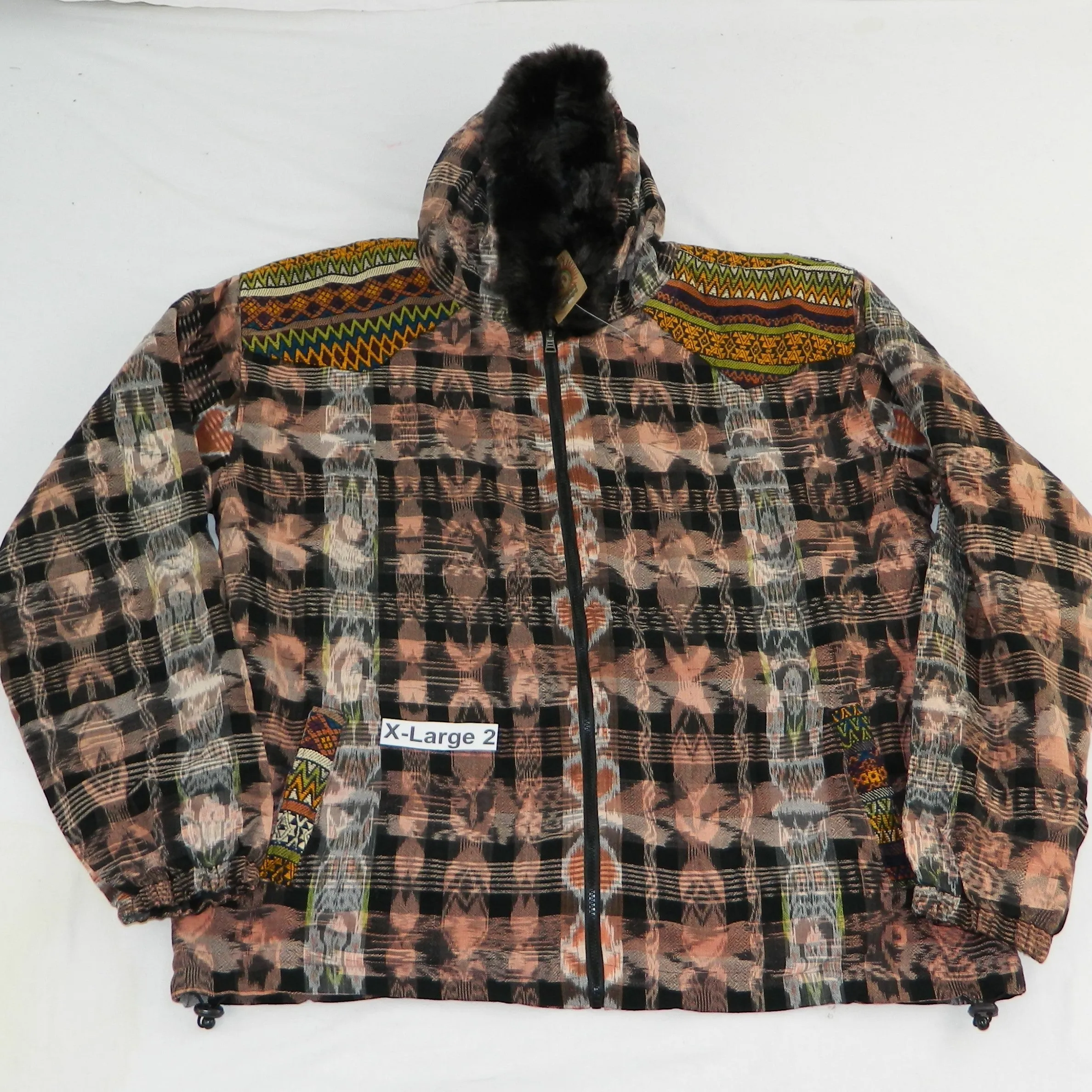 Hooded  jacket in native Ikat and brocade fleece lined with fur hood