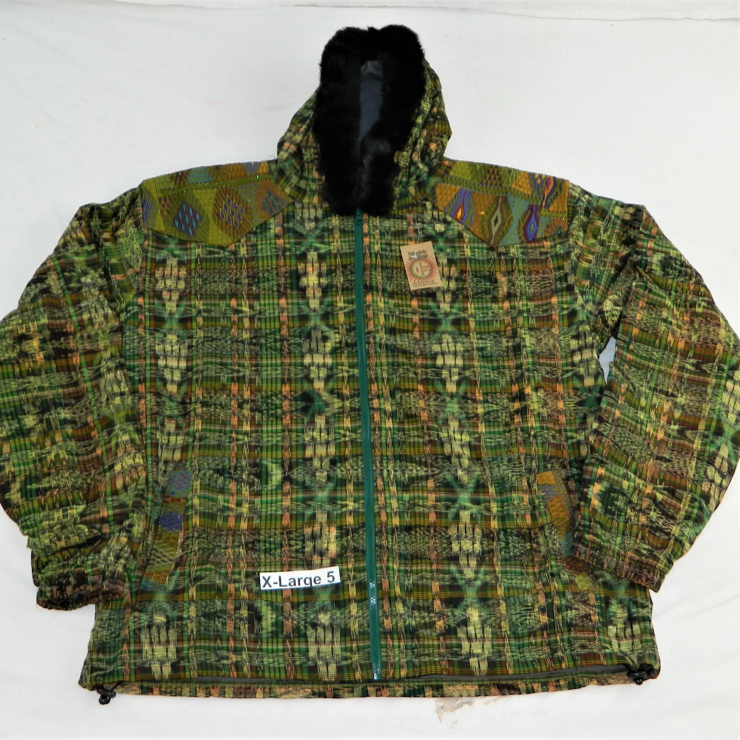 Hooded  jacket in native Ikat and brocade fleece lined with fur hood