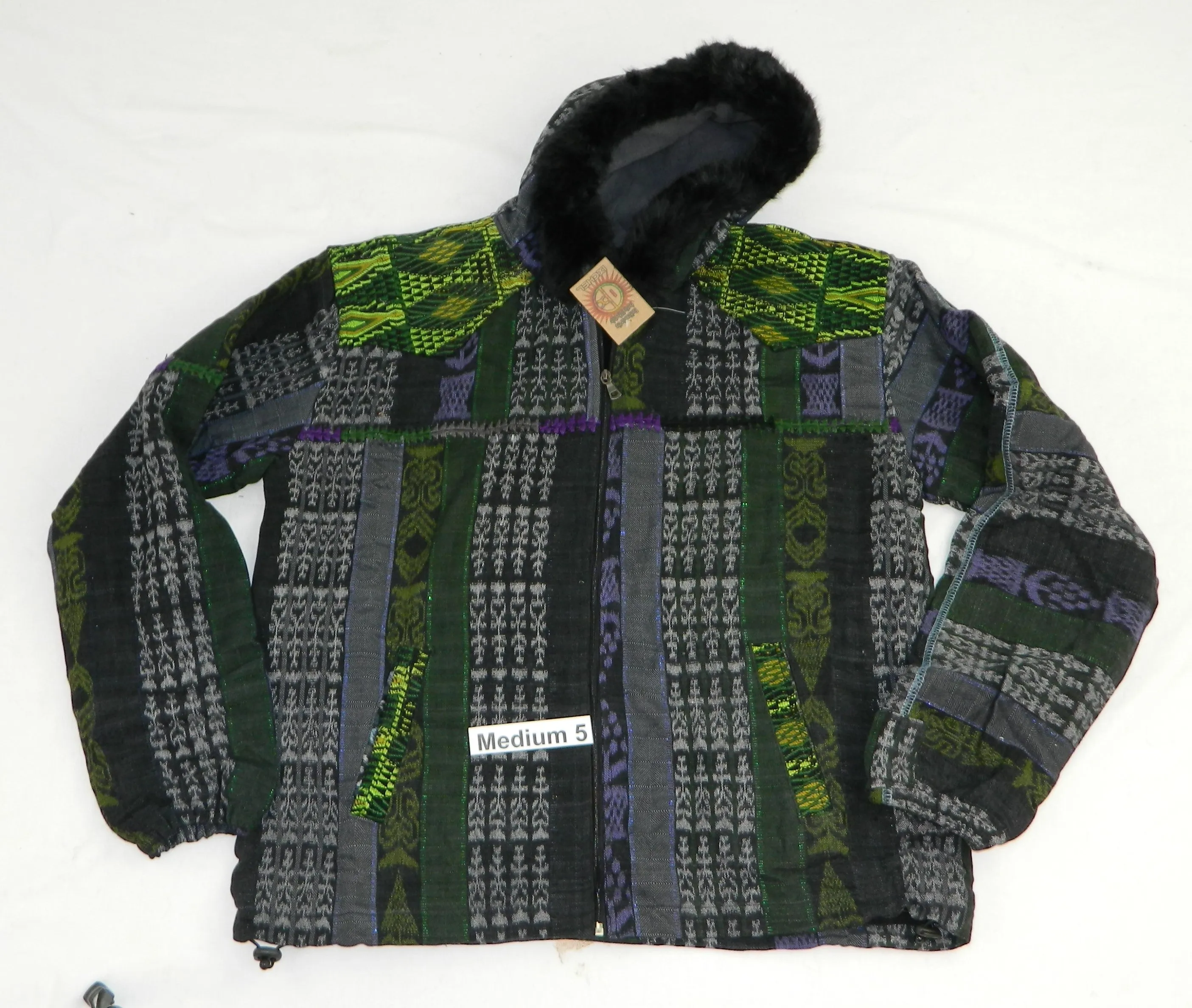 Hooded  jacket in native Ikat and brocade fleece lined with fur hood