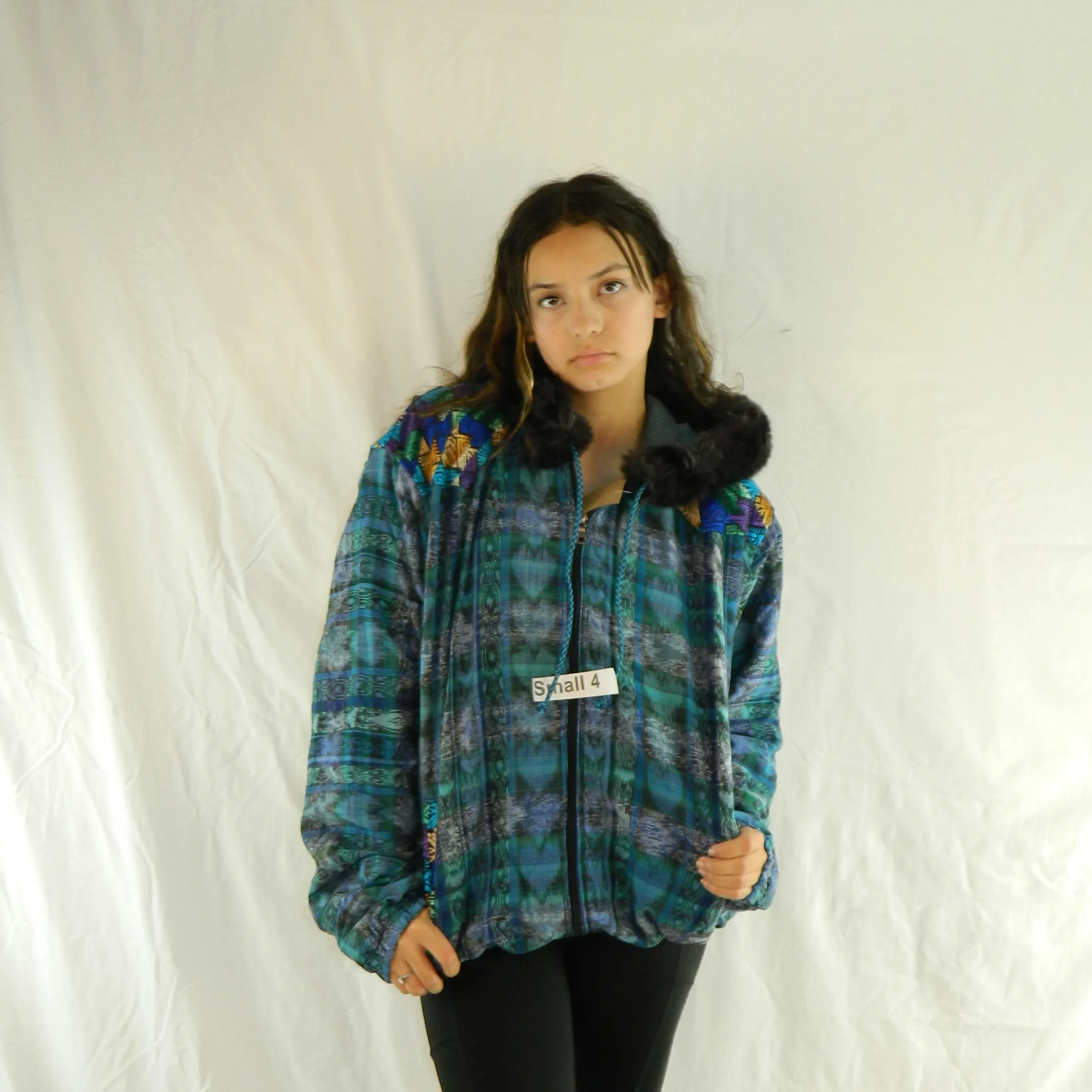 Hooded  jacket in native Ikat and brocade fleece lined with fur hood