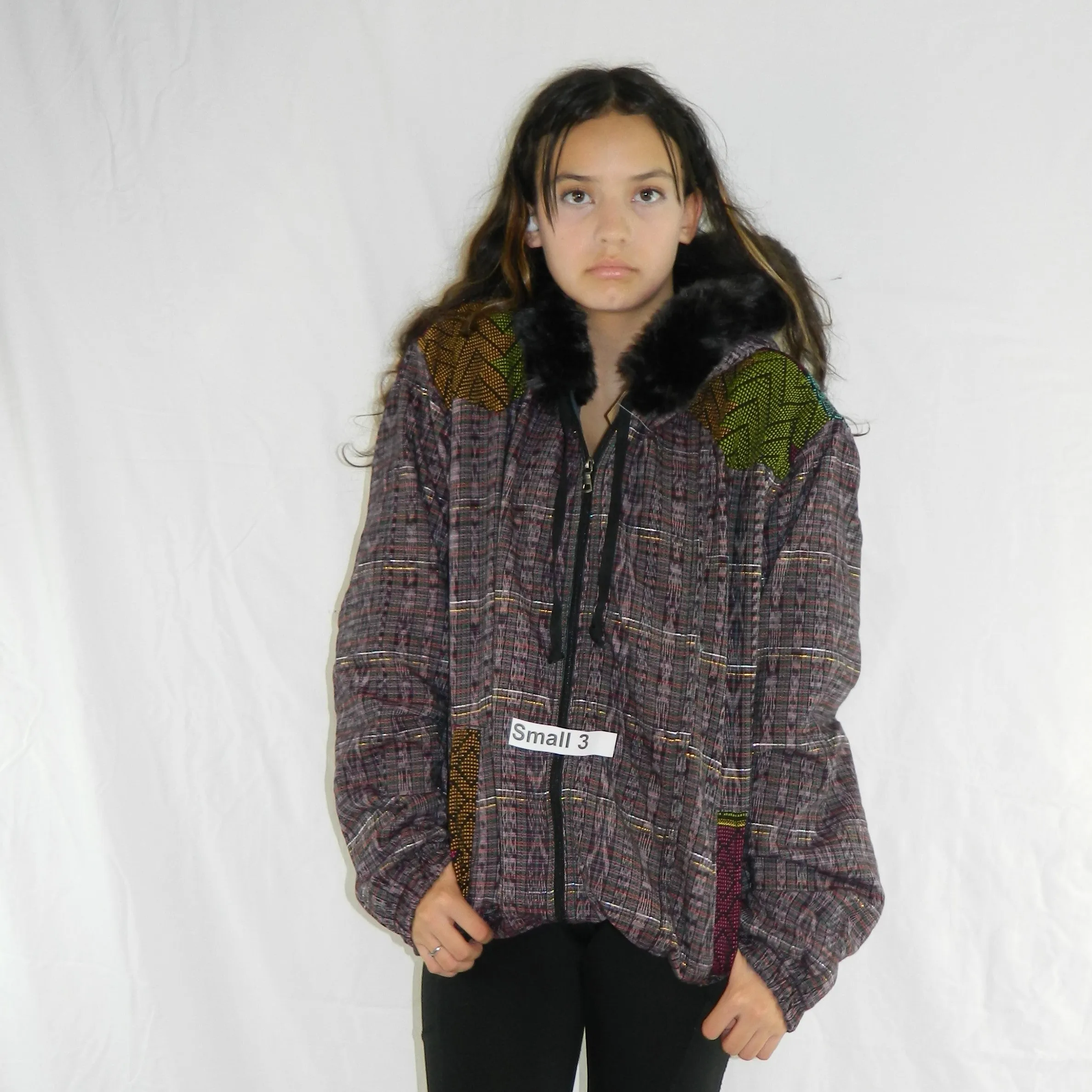 Hooded  jacket in native Ikat and brocade fleece lined with fur hood