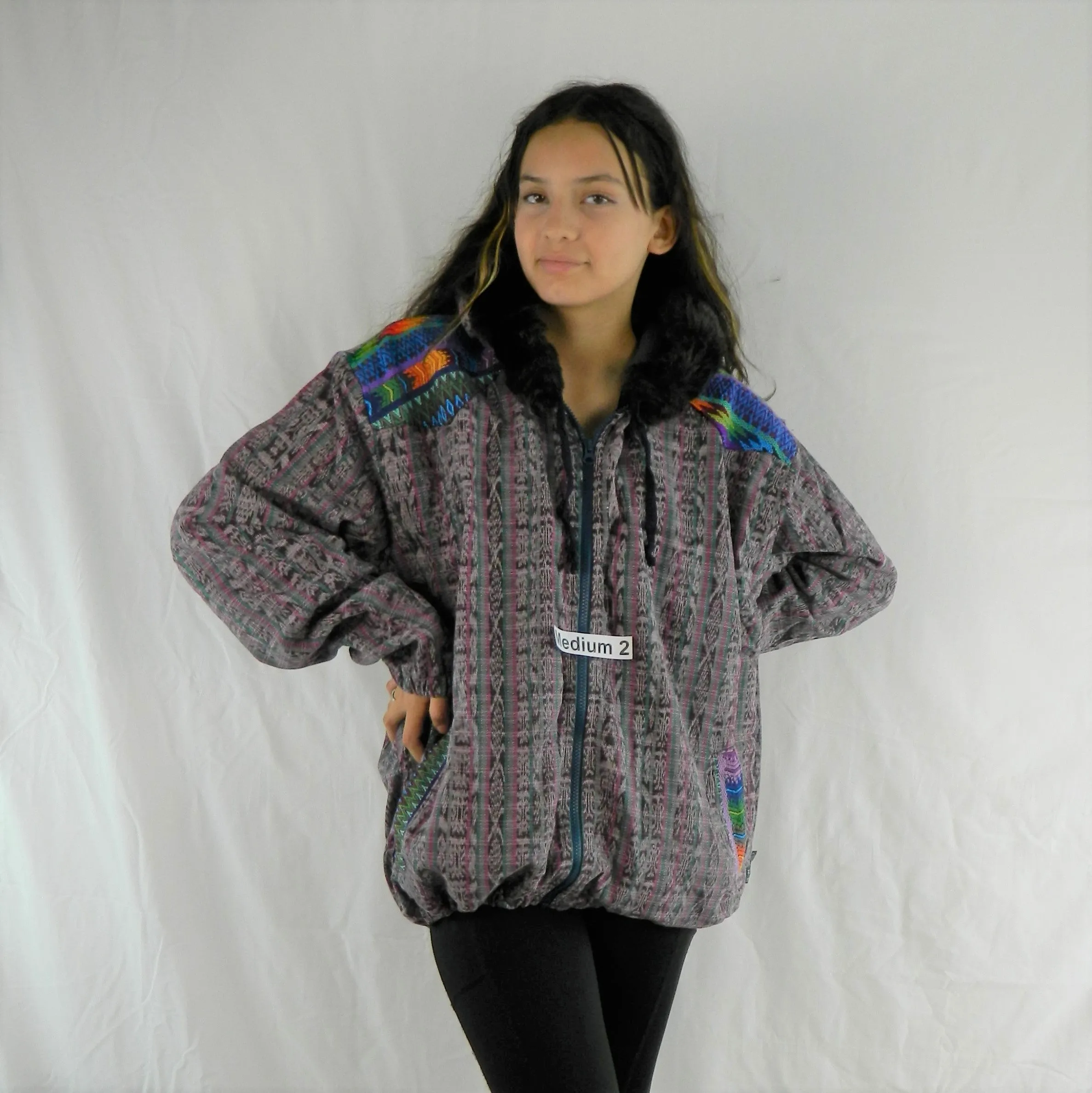 Hooded  jacket in native Ikat and brocade fleece lined with fur hood