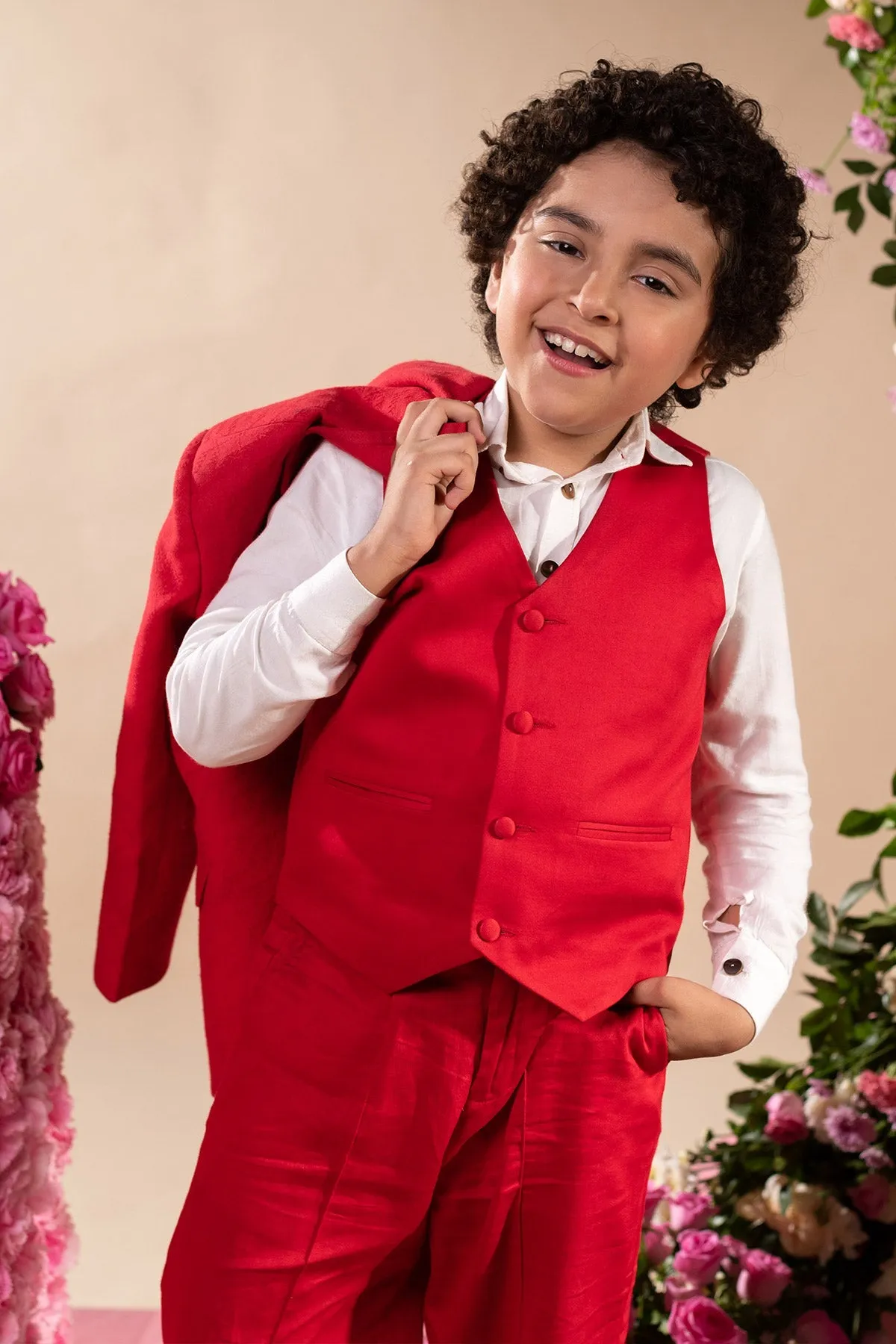 Idum - Red Blazer Paired With Waistcoat & Trouser Set