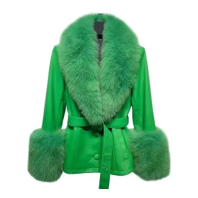 Irreverence Green Sheepskin Jackets with Fur Poufs and Collar