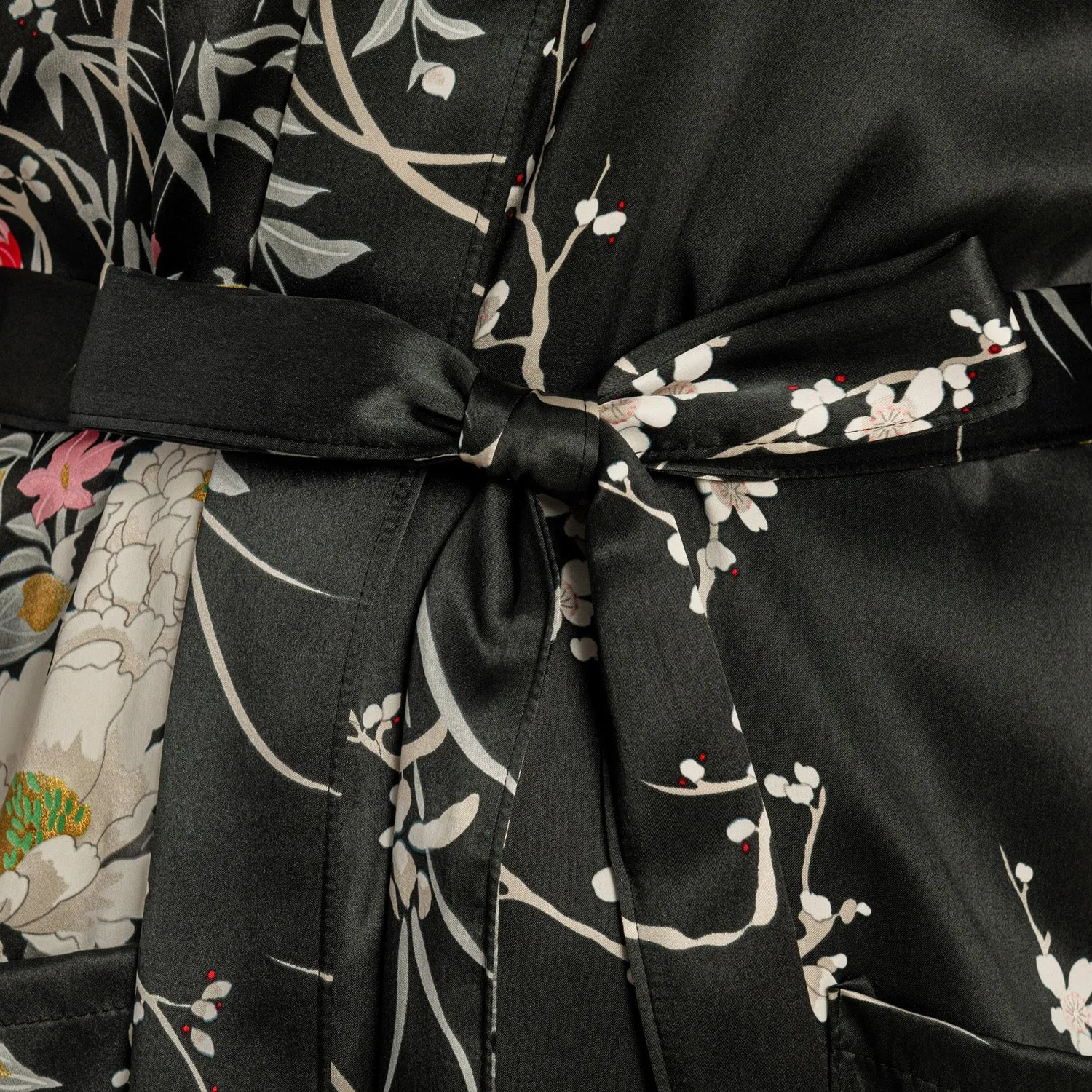 Japanese Silk Kimono Floral Print Short Black