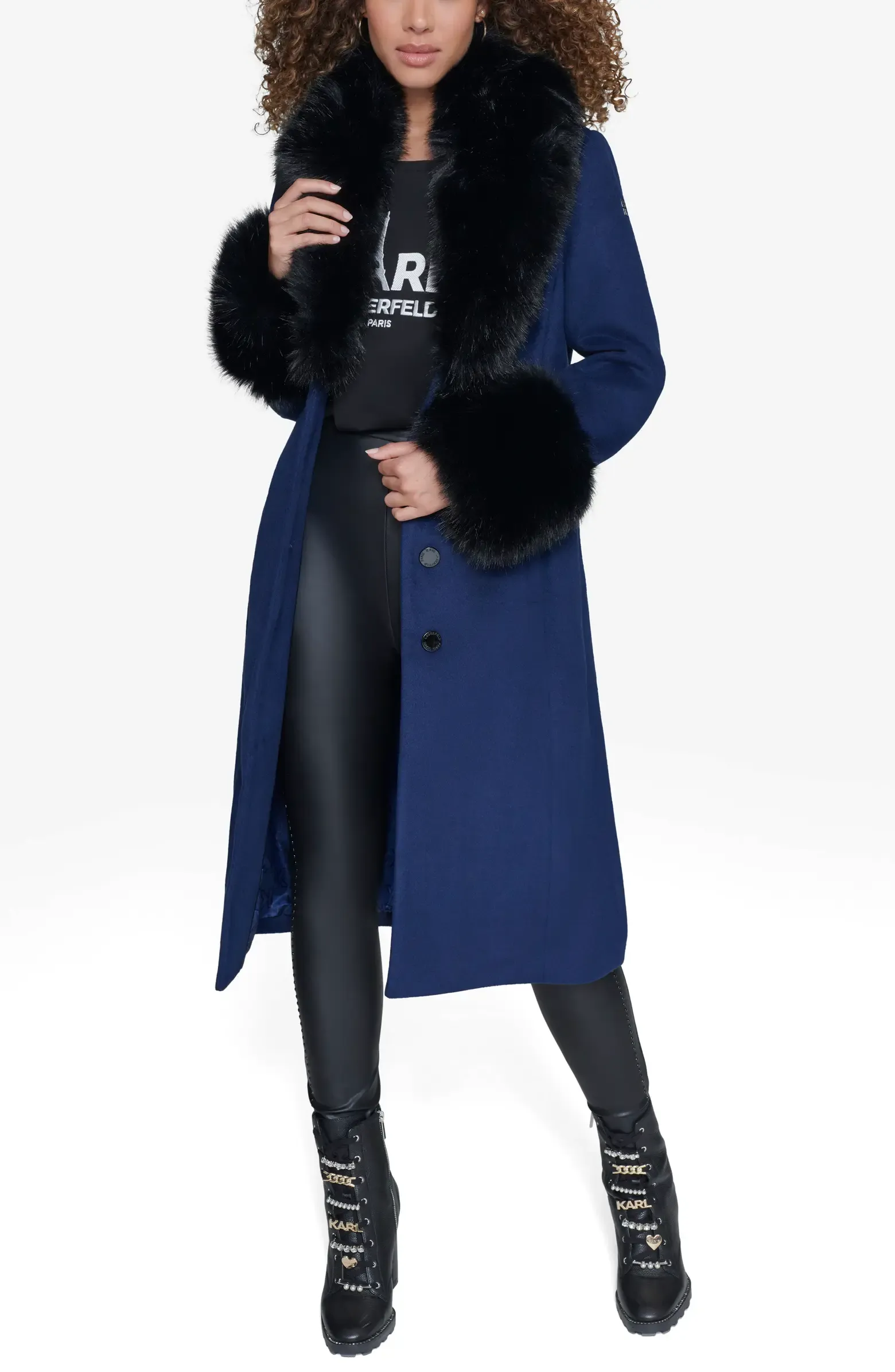 Karl Lagerfeld Paris Belted Wool Blend Coat with Faux Fur Collar & Cuffs - Sapphire