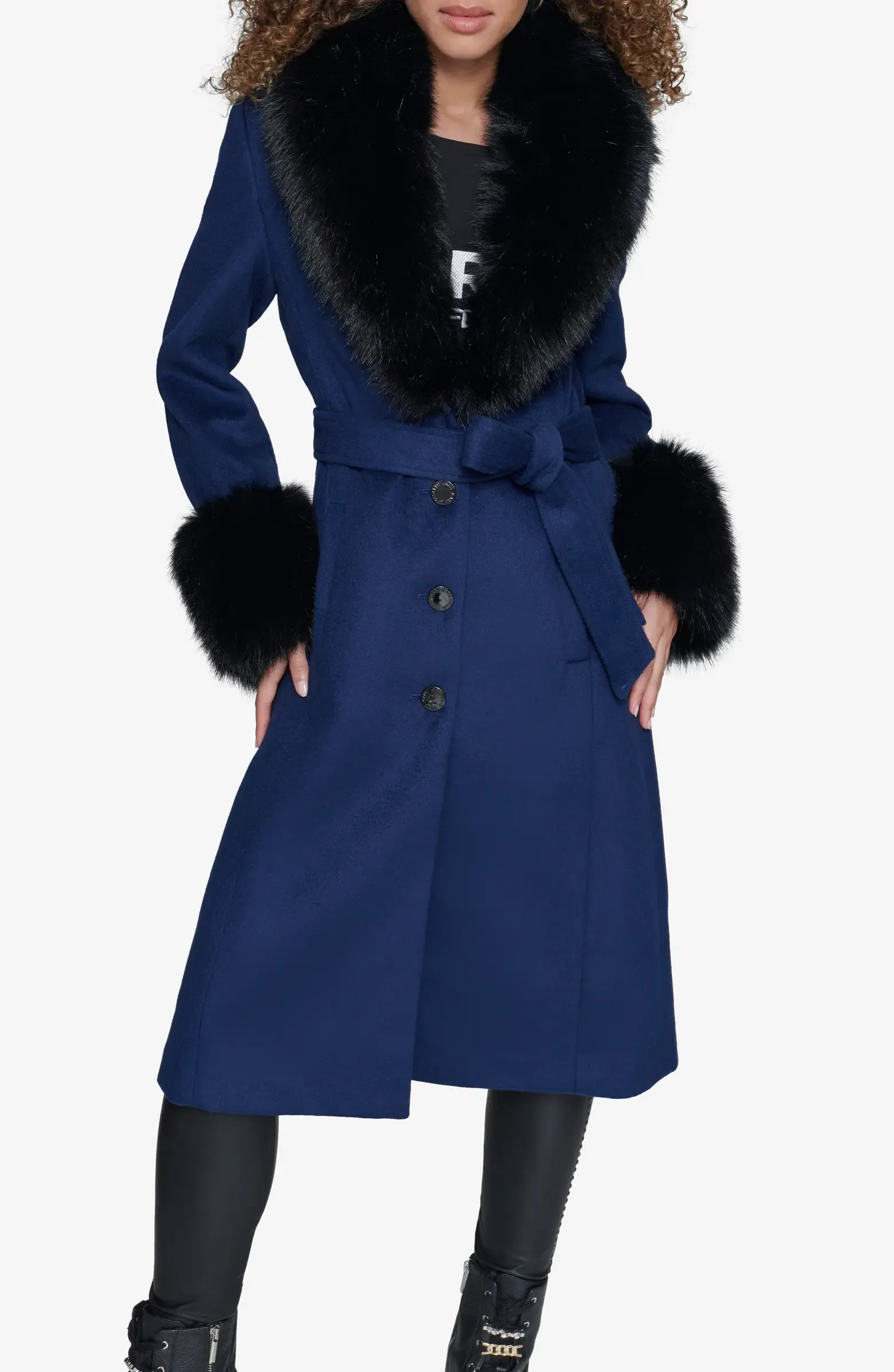 Karl Lagerfeld Paris Belted Wool Blend Coat with Faux Fur Collar & Cuffs - Sapphire