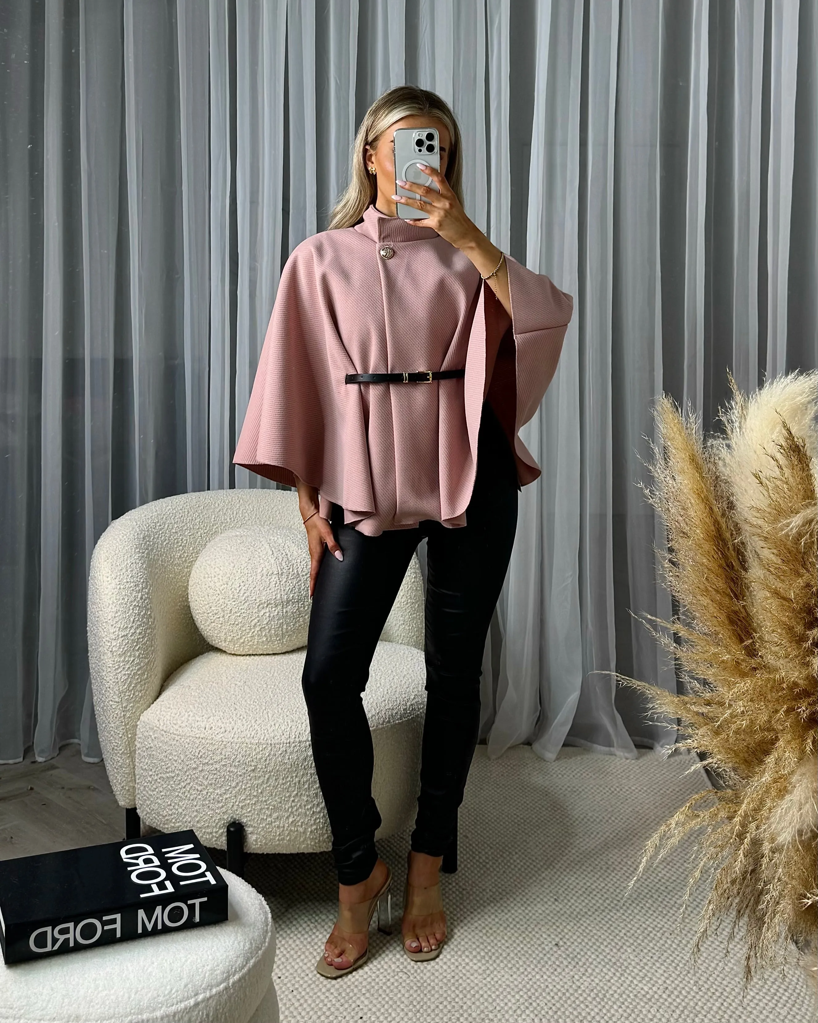 Katie High Neck Button Detail Belted Waist Cape - Dusky Pink