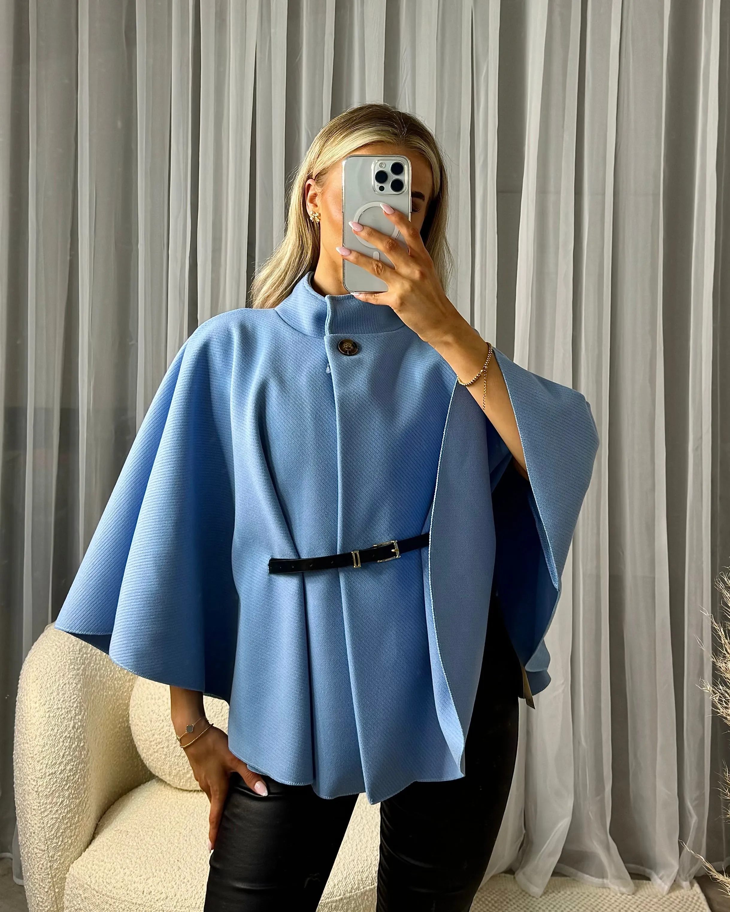 Katie High Neck Button Detail Belted Waist Cape - Sky Blue