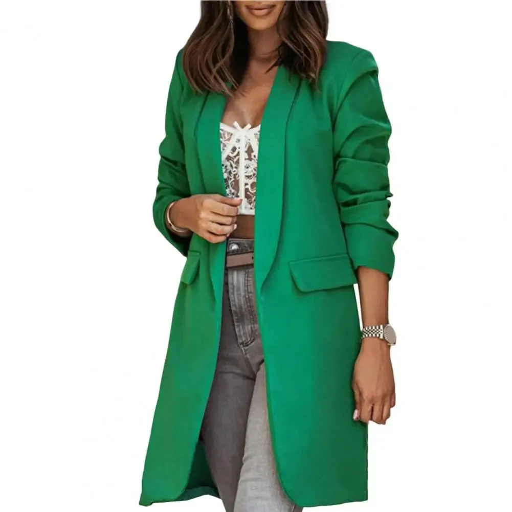 Ladies Blazer Office Lapel Cardigan Long Sleeves Mid-Length Women Autumn Winter Solid Color Suit Coat