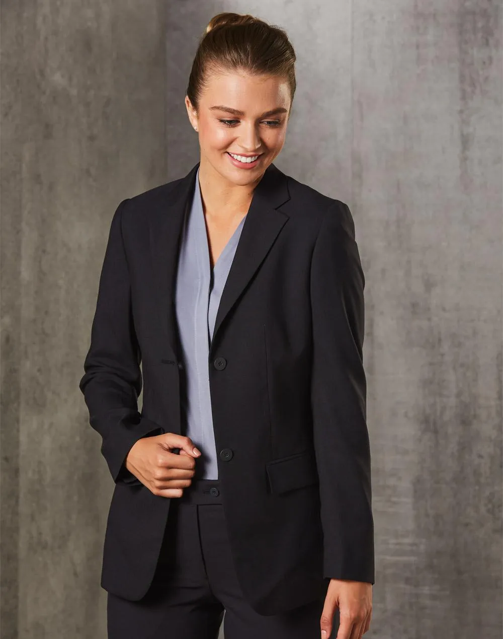 Ladies Poly/Viscose Stretch Two Buttons Mid Length Jacket - M9206