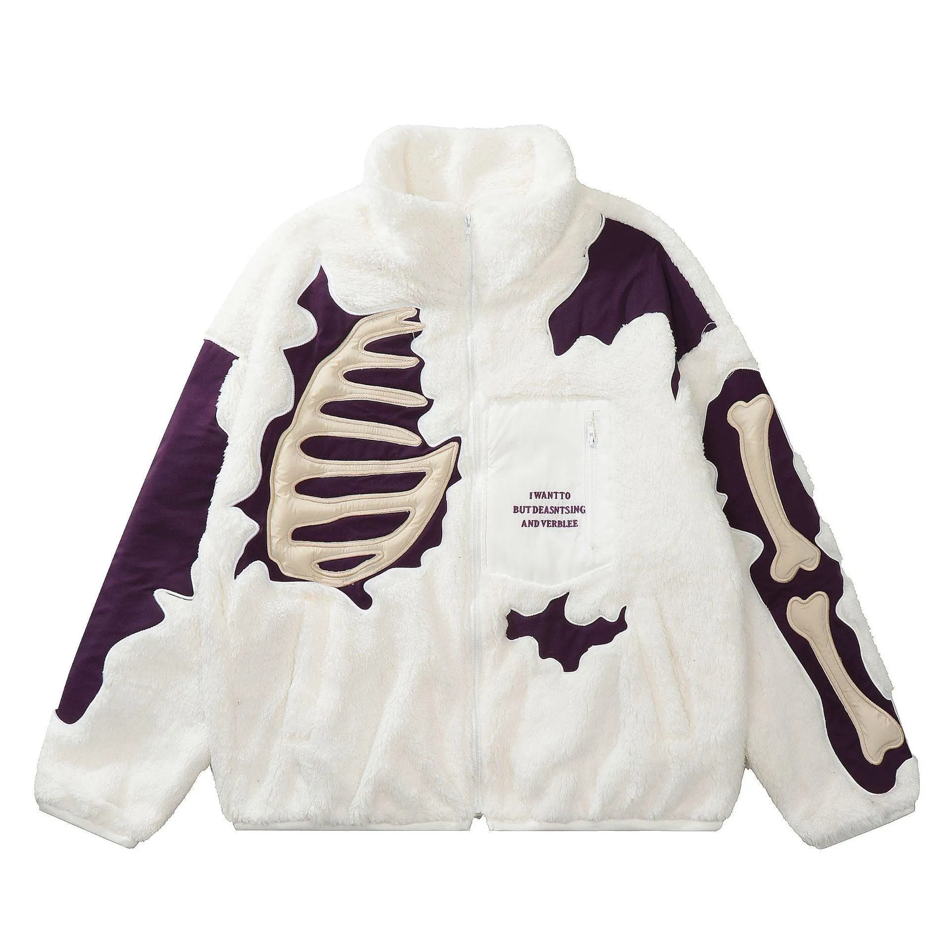 Lamb Wool Stitching Skeleton Embroidered Cotton-Padded Winter Coat - American Retro Style