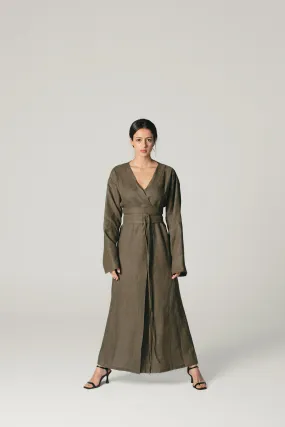 Linen Kimono Dress Dark Olive