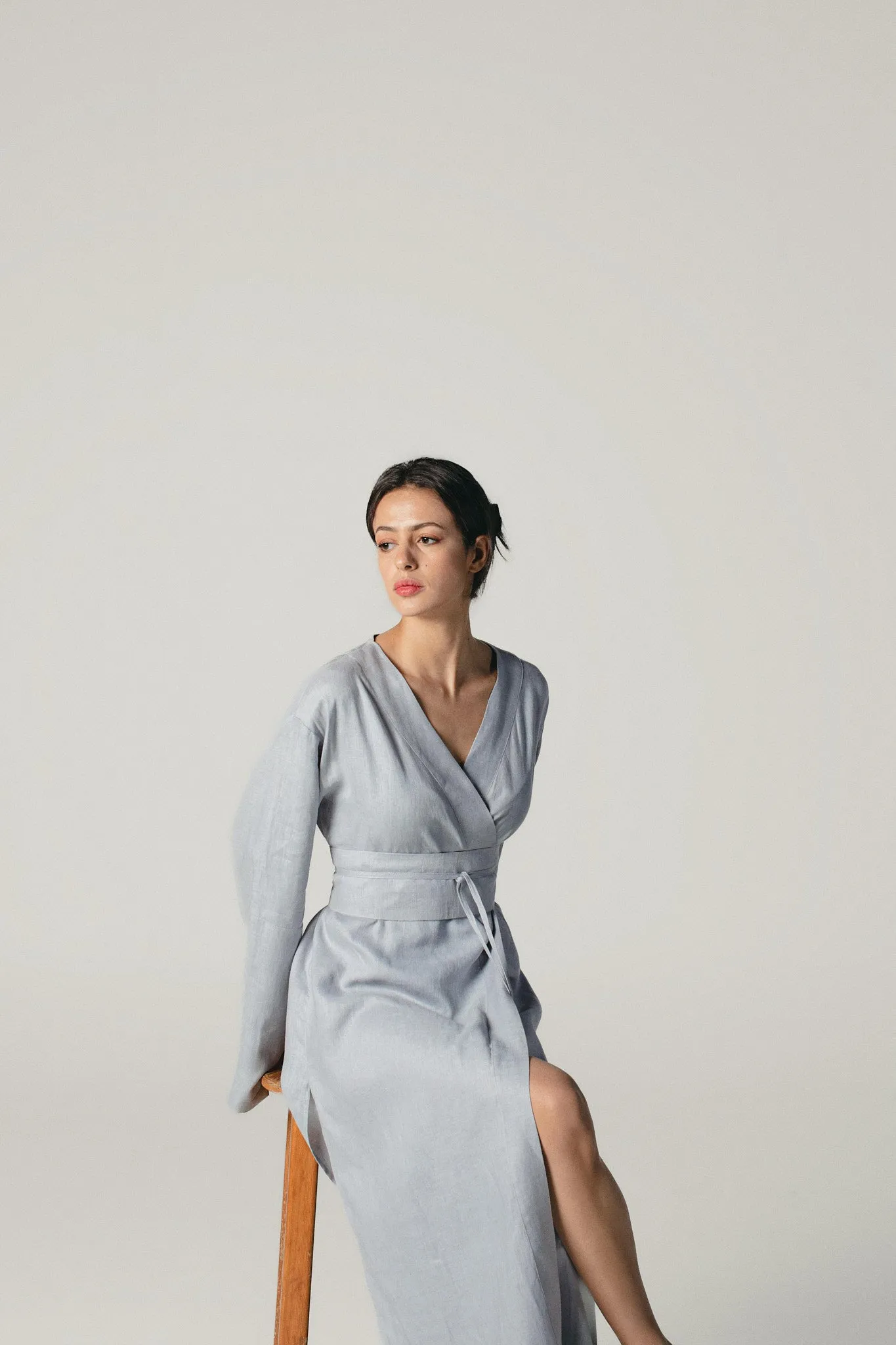 Linen Kimono Dress Grey Blue