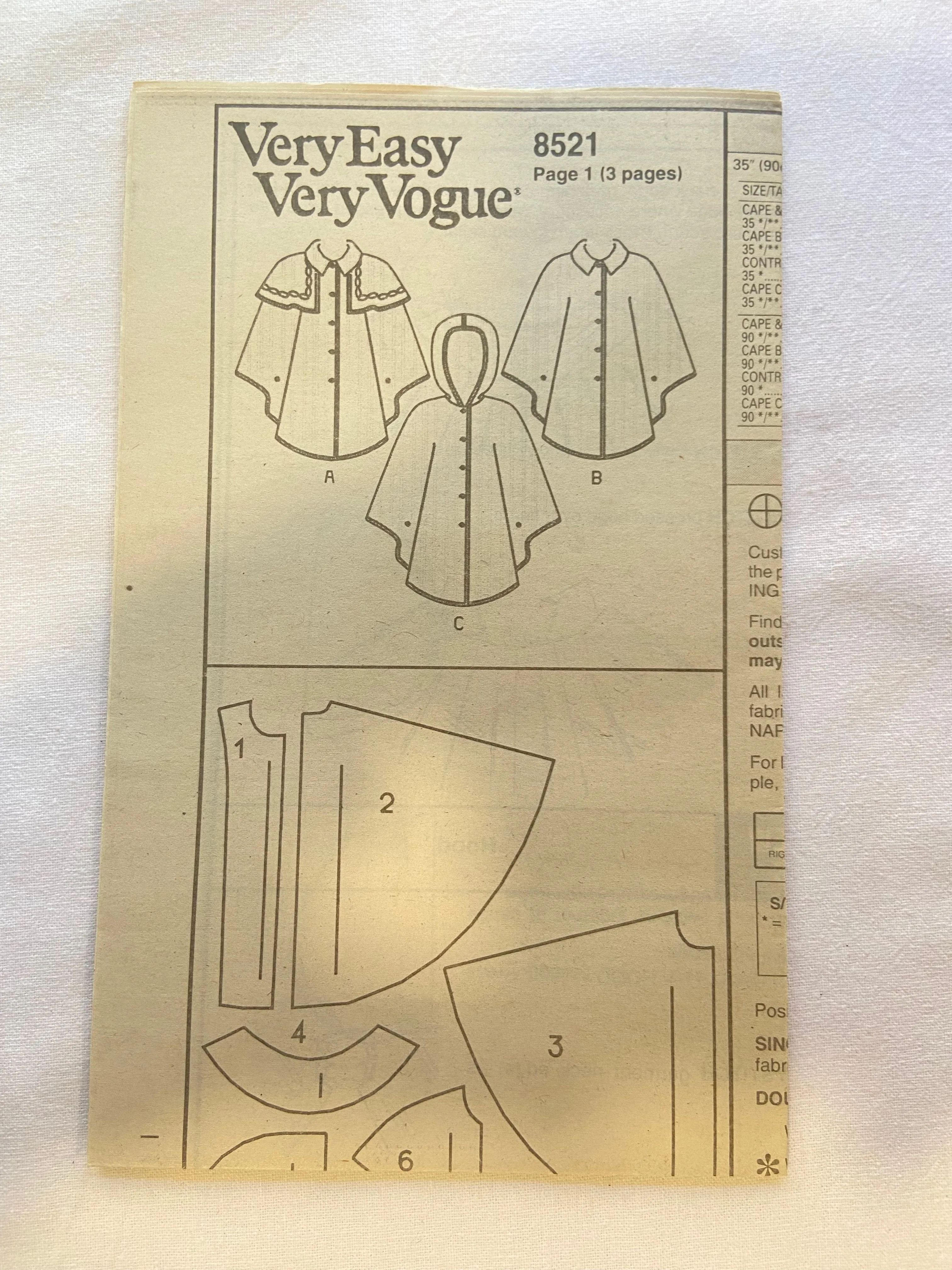 Little Vogue 8521 Pattern UNCUT Childrens' Cape Sizes 2-6X