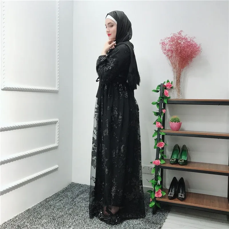 Luxury Muslim Lace Embroidery Bronzing Abaya Full Dresses Cardigan KimonoLong Robe Gowns Jubah Middle East Eid Ramadan Islamic