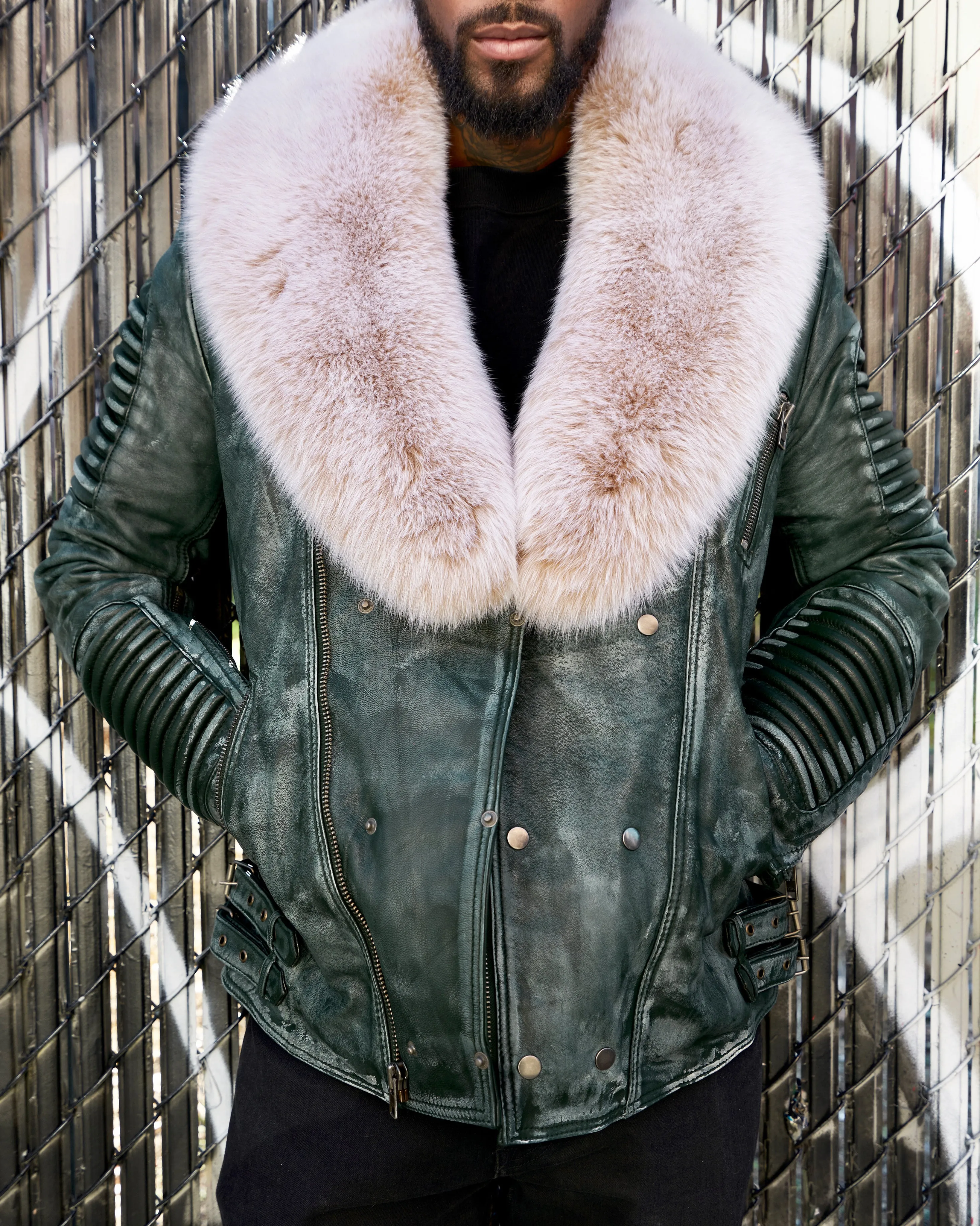 MEN BIKER RIBBLES- DISTRESSED GREEN WITH SNOW TOP FOX FUR