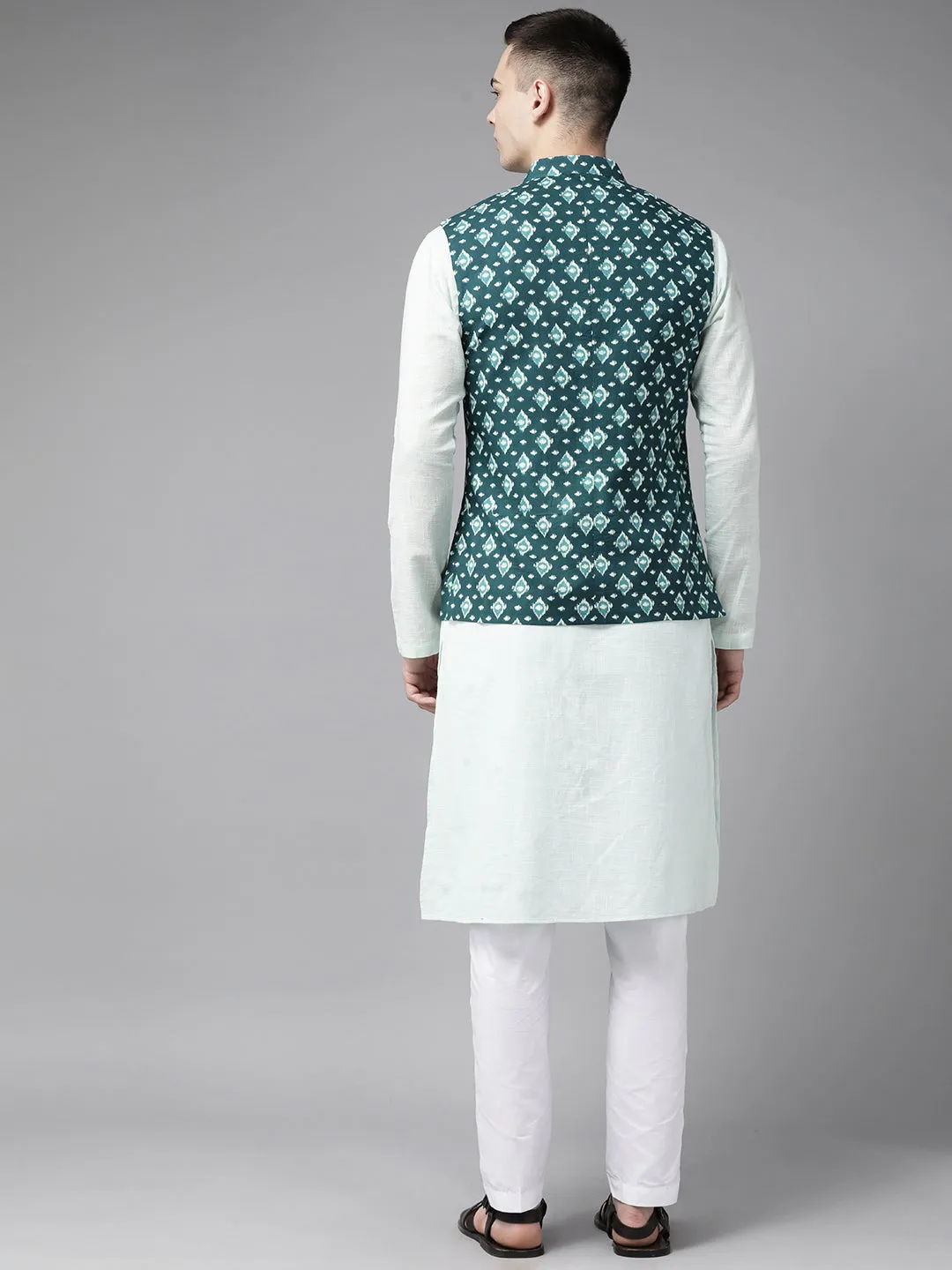 Men Teal Blue & Beige Printed Pure Cotton Neharu Jacket