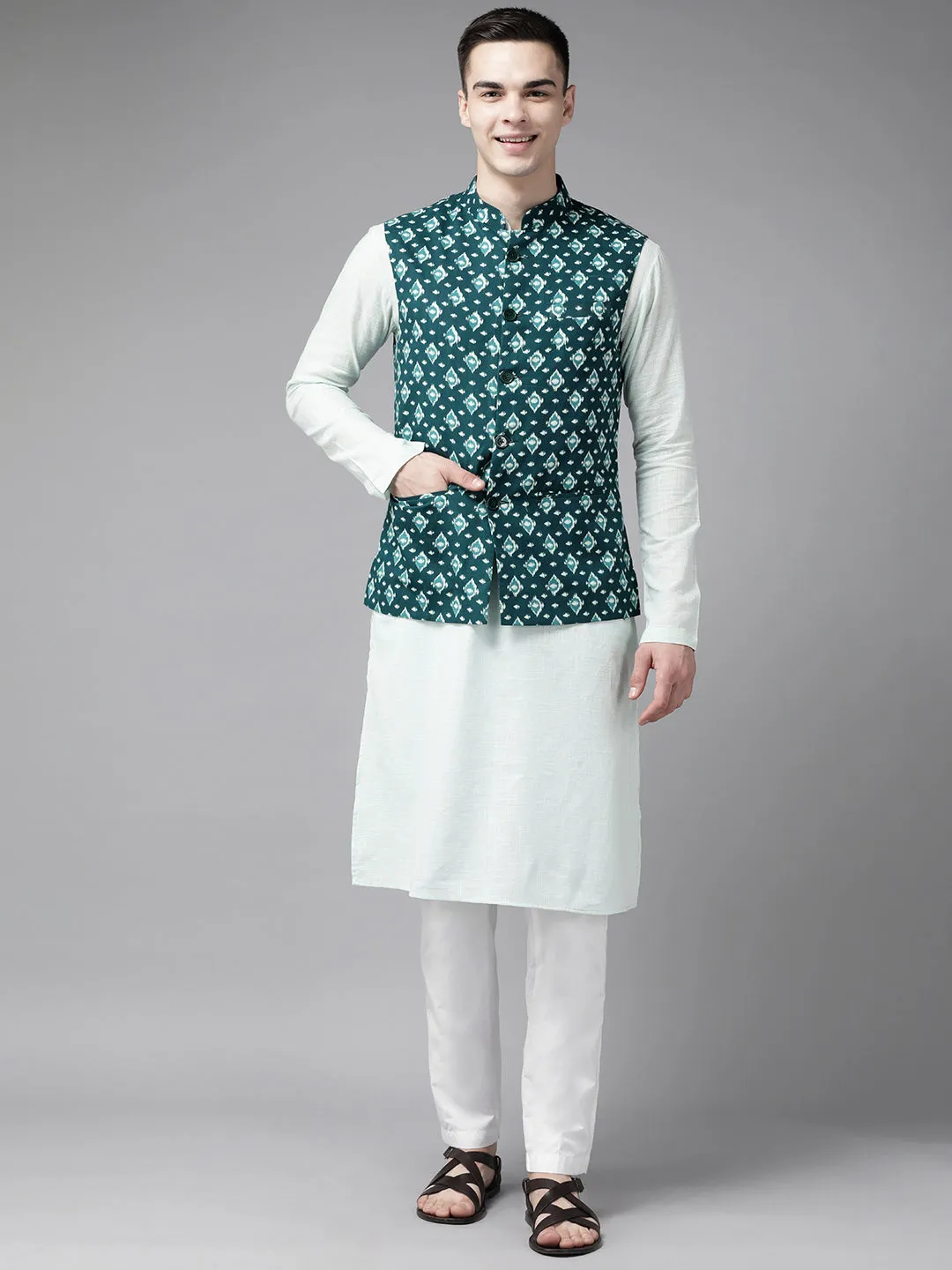 Men Teal Blue & Beige Printed Pure Cotton Neharu Jacket