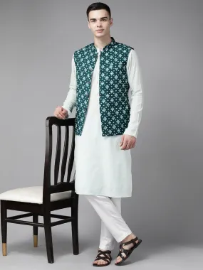 Men Teal Blue & Beige Printed Pure Cotton Neharu Jacket