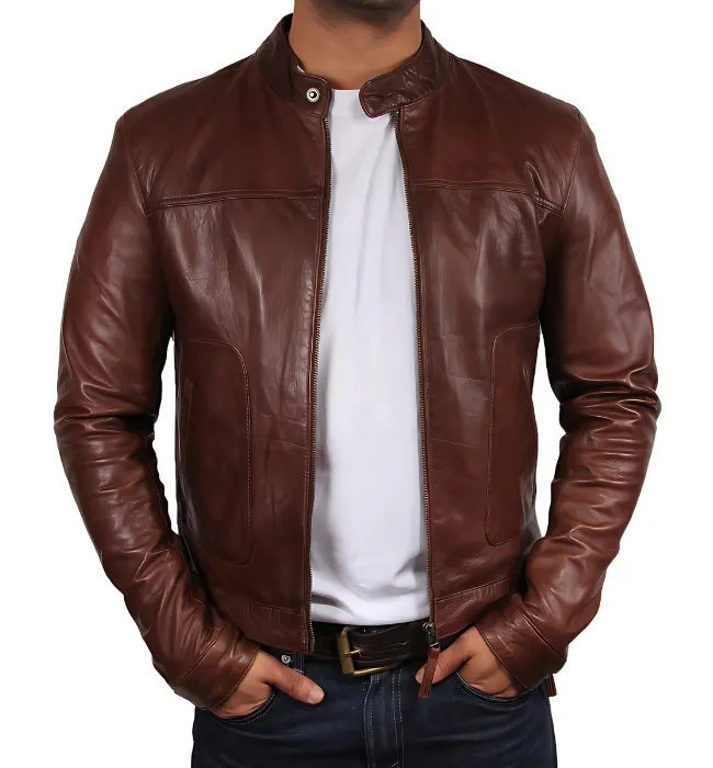 Mens brown slim fit biker vintage cafe racer leather jacket