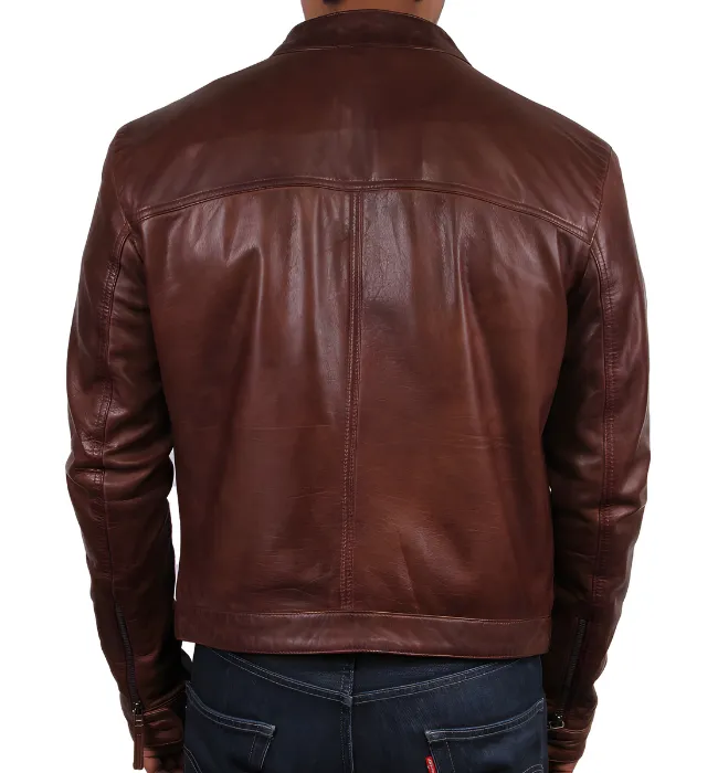 Mens brown slim fit biker vintage cafe racer leather jacket